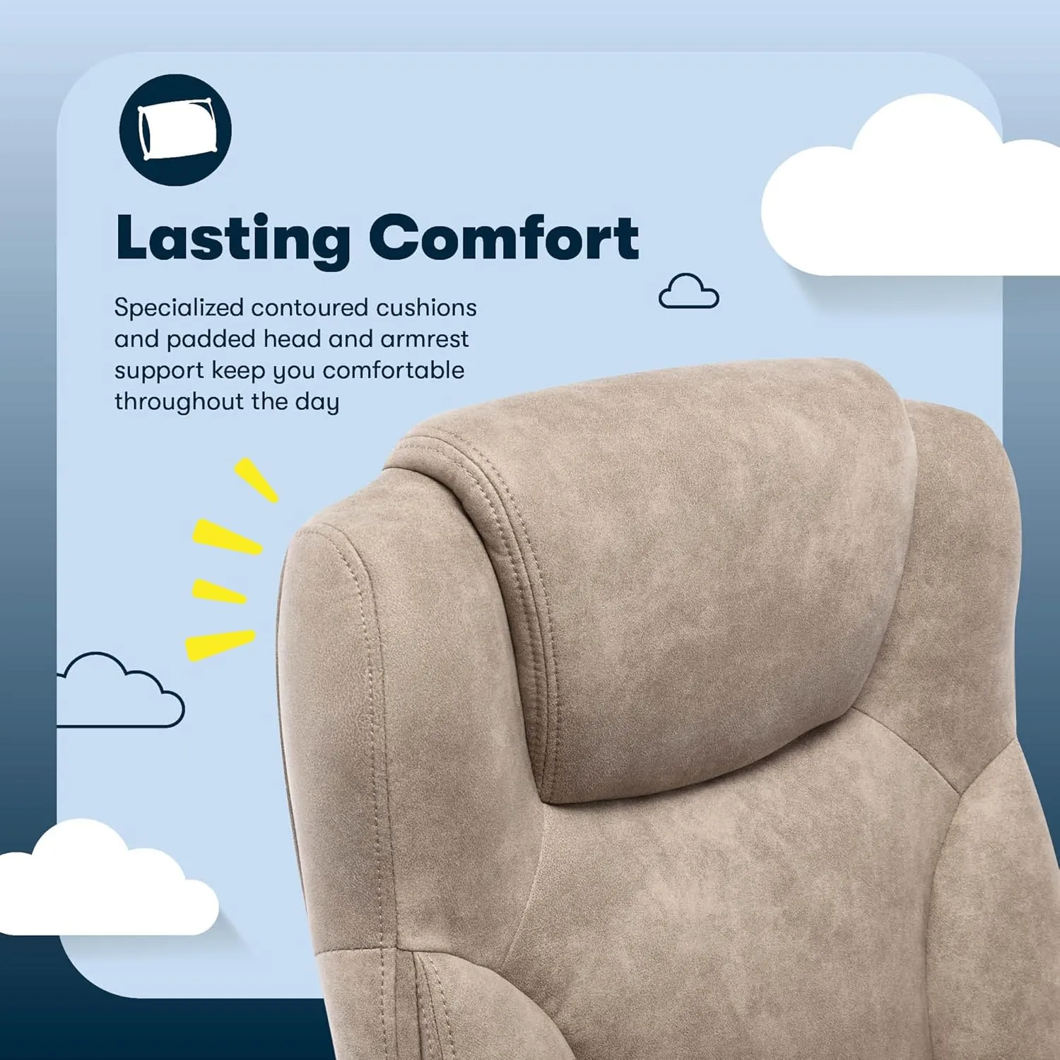 Serta® Comfort Eco Office Chair, Ergonomic Mid-Back with Lumbar Support, Semi-Plush Seat Cushion and Layered Body Pillows, Padded Armrests, Metal Swivel Base, Soft Velvet Fabric, Light Brown