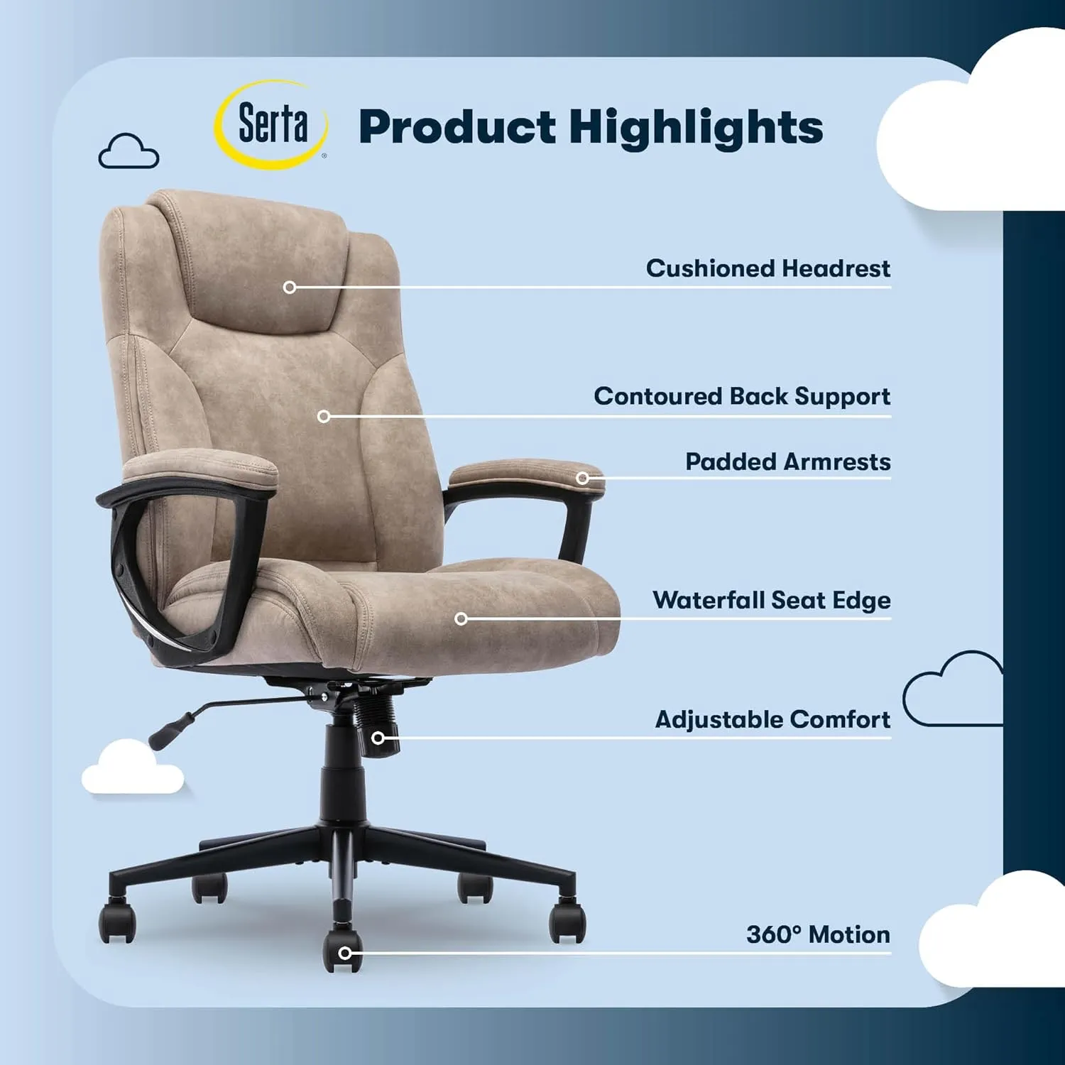 Serta® Comfort Eco Office Chair, Ergonomic Mid-Back with Lumbar Support, Semi-Plush Seat Cushion and Layered Body Pillows, Padded Armrests, Metal Swivel Base, Soft Velvet Fabric, Light Brown