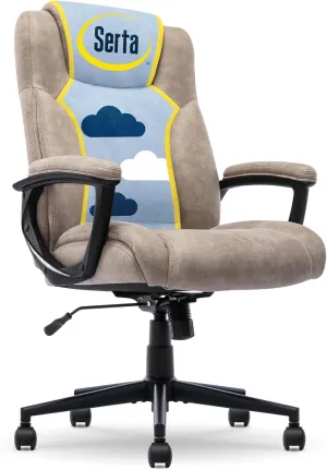 Serta® Comfort Eco Office Chair, Ergonomic Mid-Back with Lumbar Support, Semi-Plush Seat Cushion and Layered Body Pillows, Padded Armrests, Metal Swivel Base, Soft Velvet Fabric, Light Brown