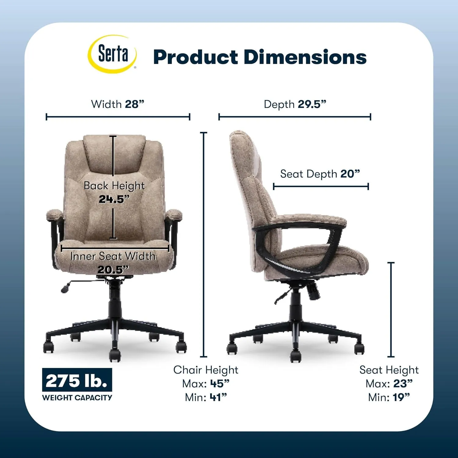 Serta® Comfort Eco Office Chair, Ergonomic Mid-Back with Lumbar Support, Semi-Plush Seat Cushion and Layered Body Pillows, Padded Armrests, Metal Swivel Base, Soft Velvet Fabric, Light Brown