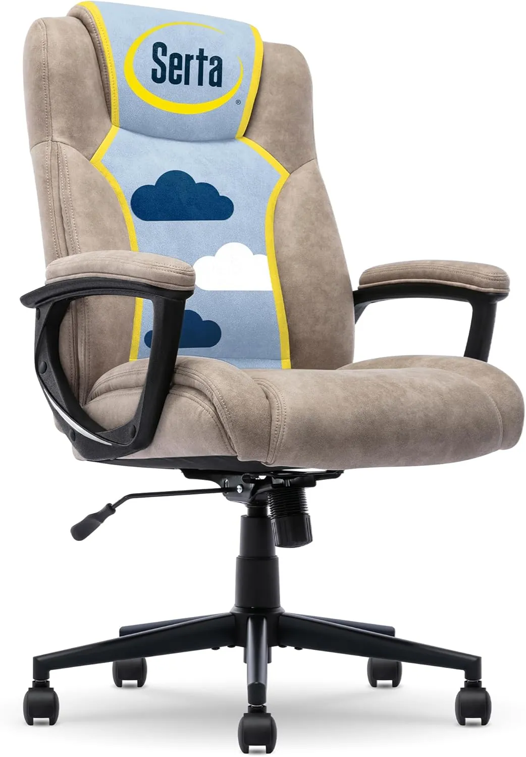 Serta® Comfort Eco Office Chair, Ergonomic Mid-Back with Lumbar Support, Semi-Plush Seat Cushion and Layered Body Pillows, Padded Armrests, Metal Swivel Base, Soft Velvet Fabric, Light Brown