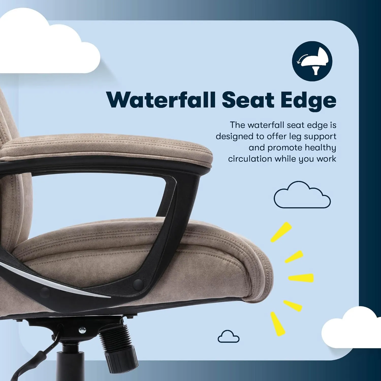 Serta® Comfort Eco Office Chair, Ergonomic Mid-Back with Lumbar Support, Semi-Plush Seat Cushion and Layered Body Pillows, Padded Armrests, Metal Swivel Base, Soft Velvet Fabric, Light Brown