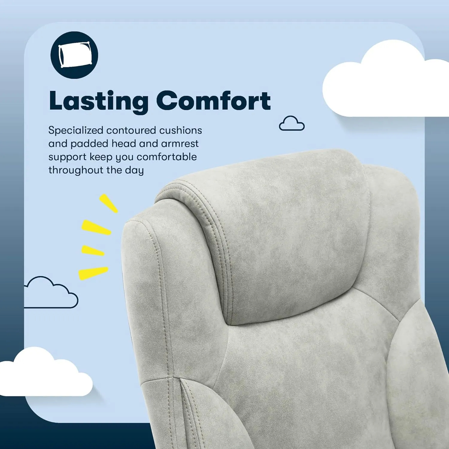 Serta® Comfort Eco Office Chair, Ergonomic Mid-Back with Lumbar Support, Semi-Plush Seat Cushion and Layered Body Pillows, Padded Armrests, Metal Swivel Base, Soft Velvet Fabric, Light Gray