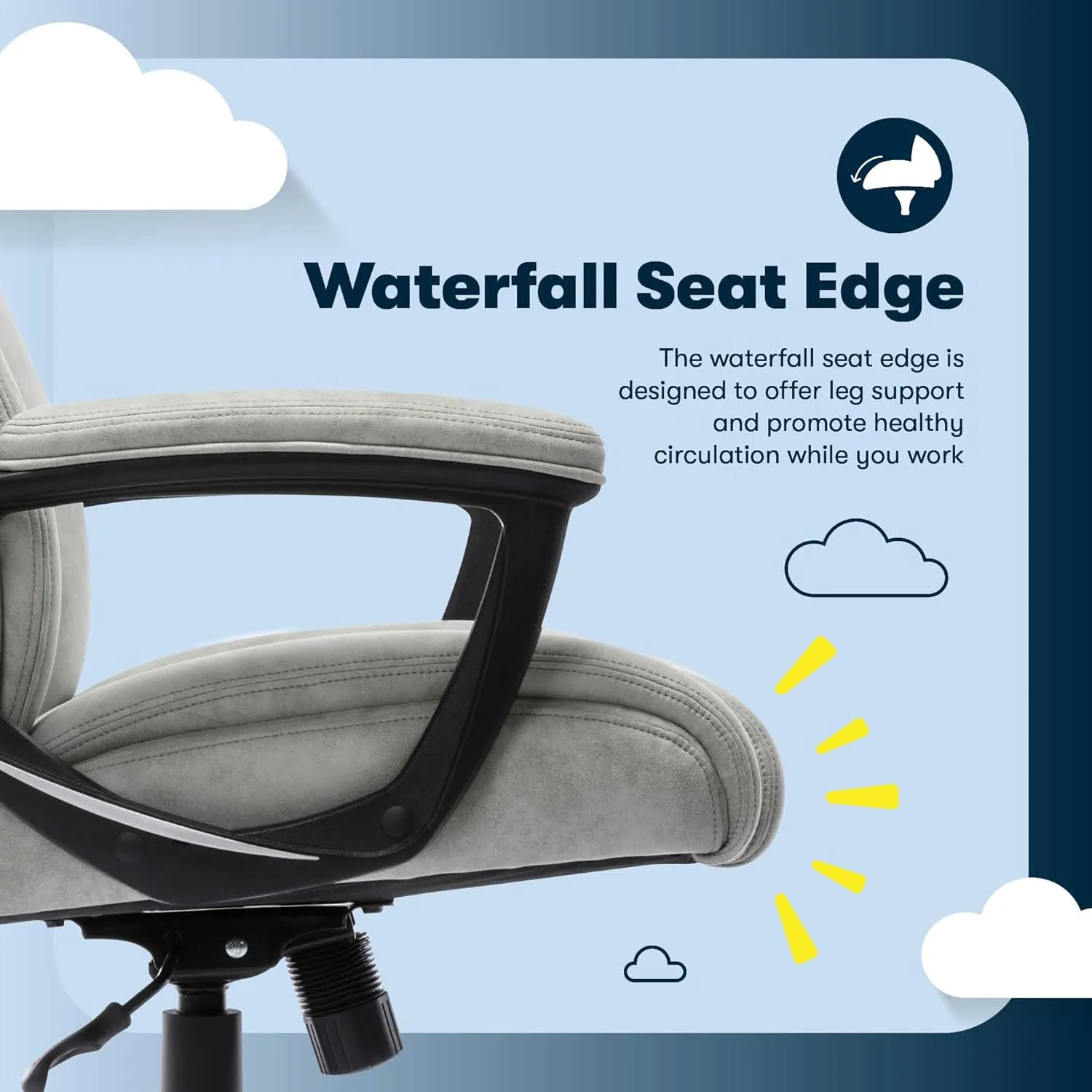 Serta® Comfort Eco Office Chair, Ergonomic Mid-Back with Lumbar Support, Semi-Plush Seat Cushion and Layered Body Pillows, Padded Armrests, Metal Swivel Base, Soft Velvet Fabric, Light Gray