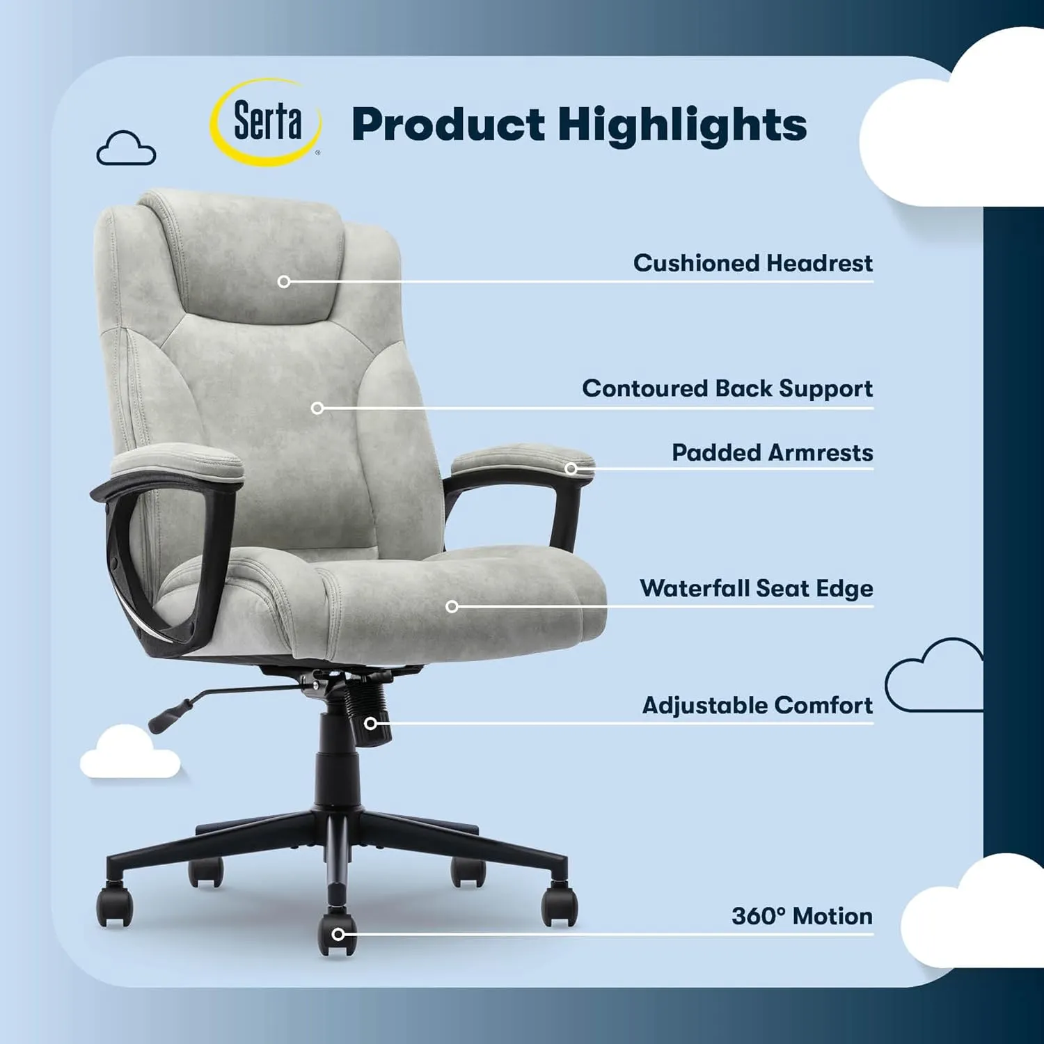 Serta® Comfort Eco Office Chair, Ergonomic Mid-Back with Lumbar Support, Semi-Plush Seat Cushion and Layered Body Pillows, Padded Armrests, Metal Swivel Base, Soft Velvet Fabric, Light Gray