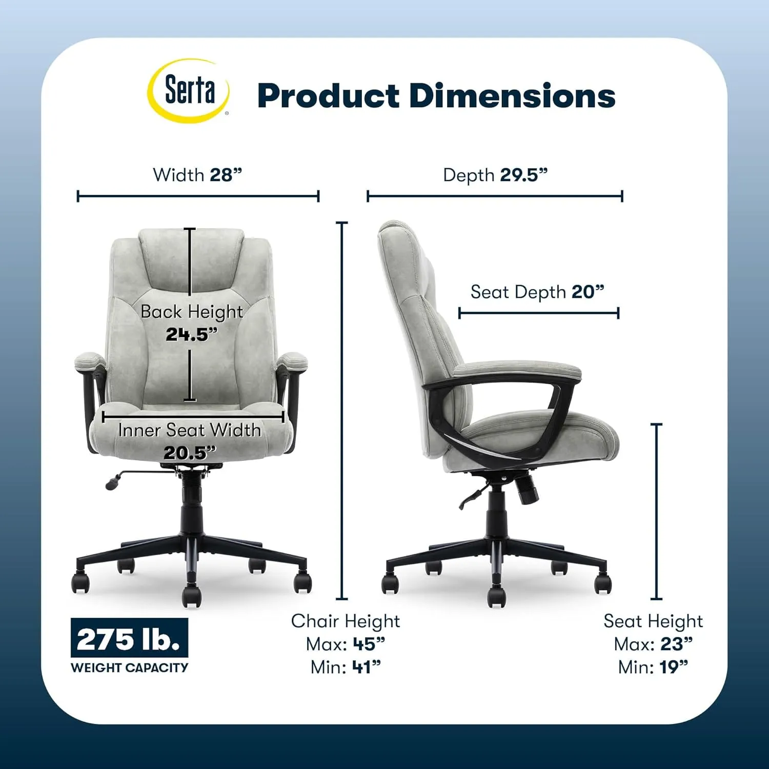 Serta® Comfort Eco Office Chair, Ergonomic Mid-Back with Lumbar Support, Semi-Plush Seat Cushion and Layered Body Pillows, Padded Armrests, Metal Swivel Base, Soft Velvet Fabric, Light Gray