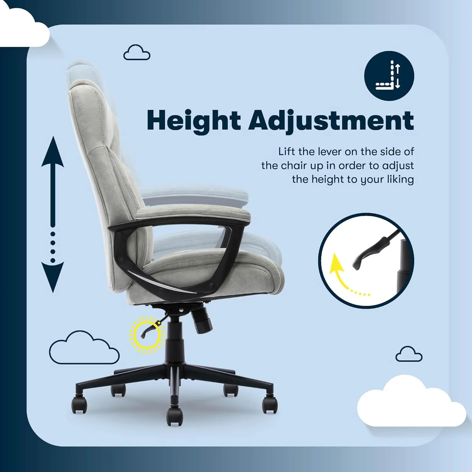Serta® Comfort Eco Office Chair, Ergonomic Mid-Back with Lumbar Support, Semi-Plush Seat Cushion and Layered Body Pillows, Padded Armrests, Metal Swivel Base, Soft Velvet Fabric, Light Gray