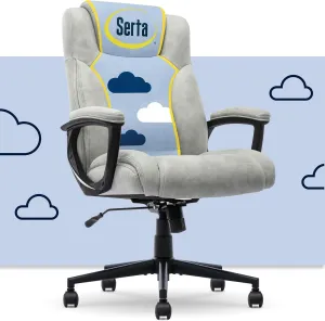 Serta® Comfort Eco Office Chair, Ergonomic Mid-Back with Lumbar Support, Semi-Plush Seat Cushion and Layered Body Pillows, Padded Armrests, Metal Swivel Base, Soft Velvet Fabric, Light Gray