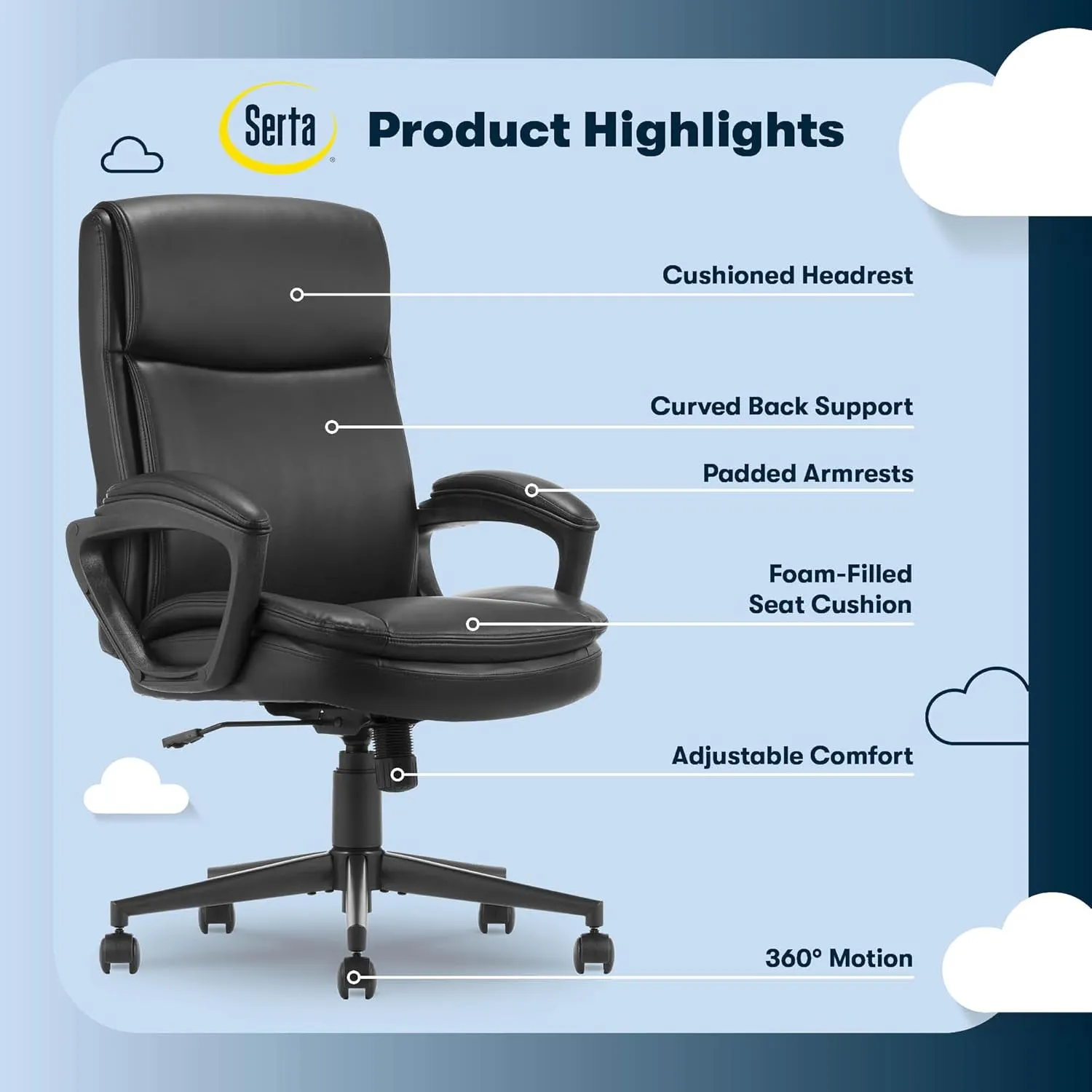 Serta® Comfort Ergo Executive Office Chair, Ergonomic Mid-Back with Extra Lumber Support, Padded Armrests, Adjustable Height and Tilt-Lock Side Lever, Swivel Base, Black Bonded Leather