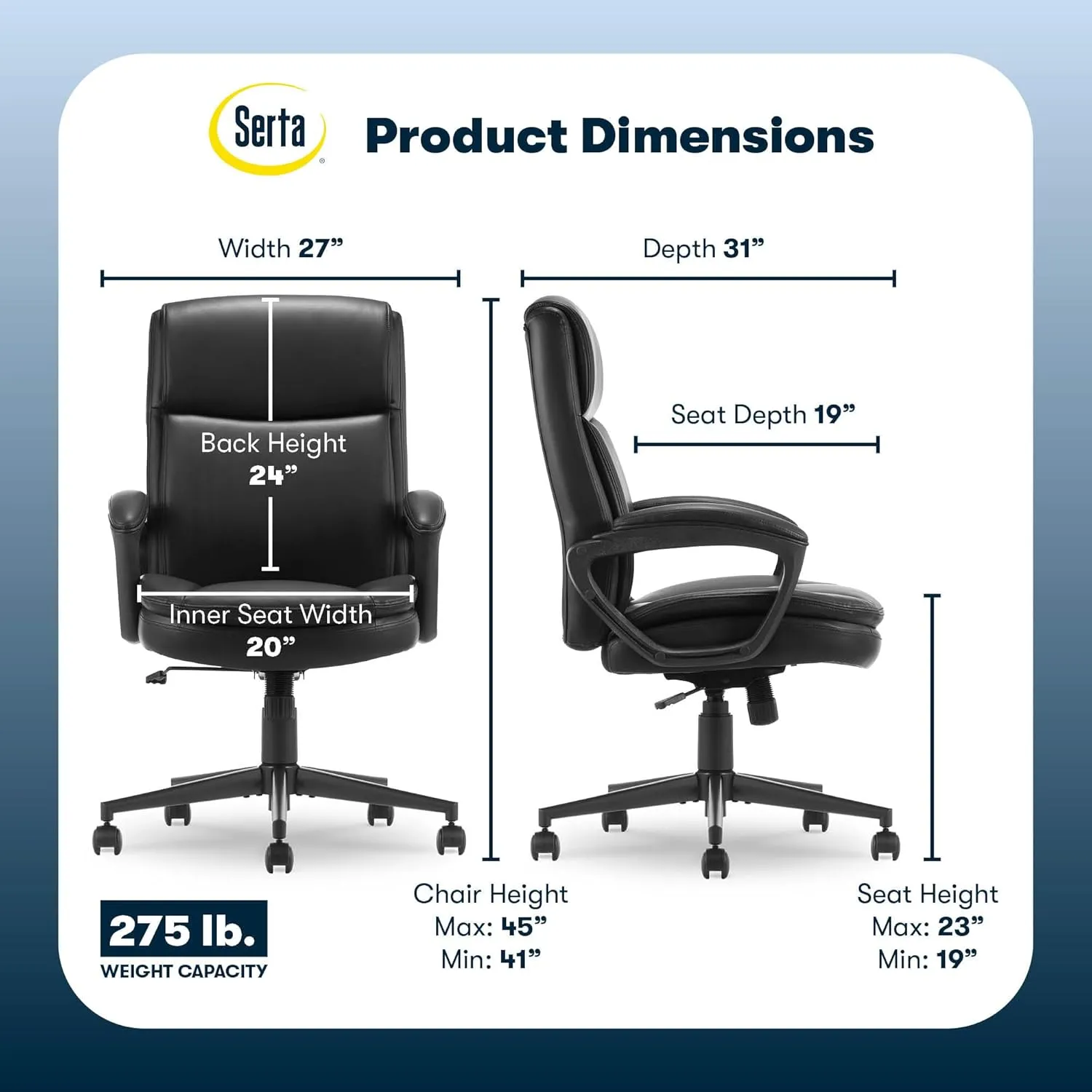 Serta® Comfort Ergo Executive Office Chair, Ergonomic Mid-Back with Extra Lumber Support, Padded Armrests, Adjustable Height and Tilt-Lock Side Lever, Swivel Base, Black Bonded Leather
