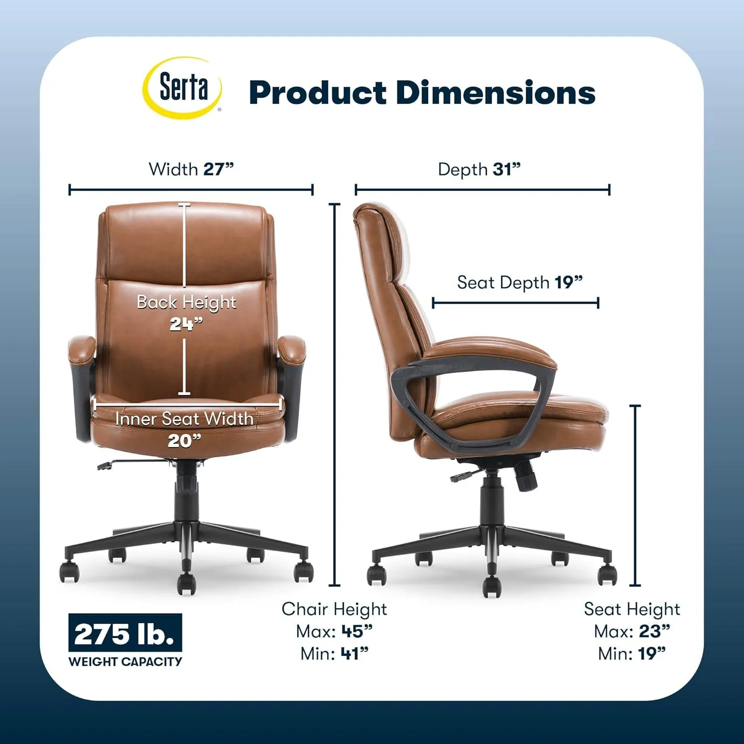 Serta® Comfort Ergo Executive Office Chair, Ergonomic Mid-Back with Extra Lumber Support, Padded Armrests, Adjustable Height and Tilt-Lock Side Lever, Swivel Base, Cognac Bonded Leather