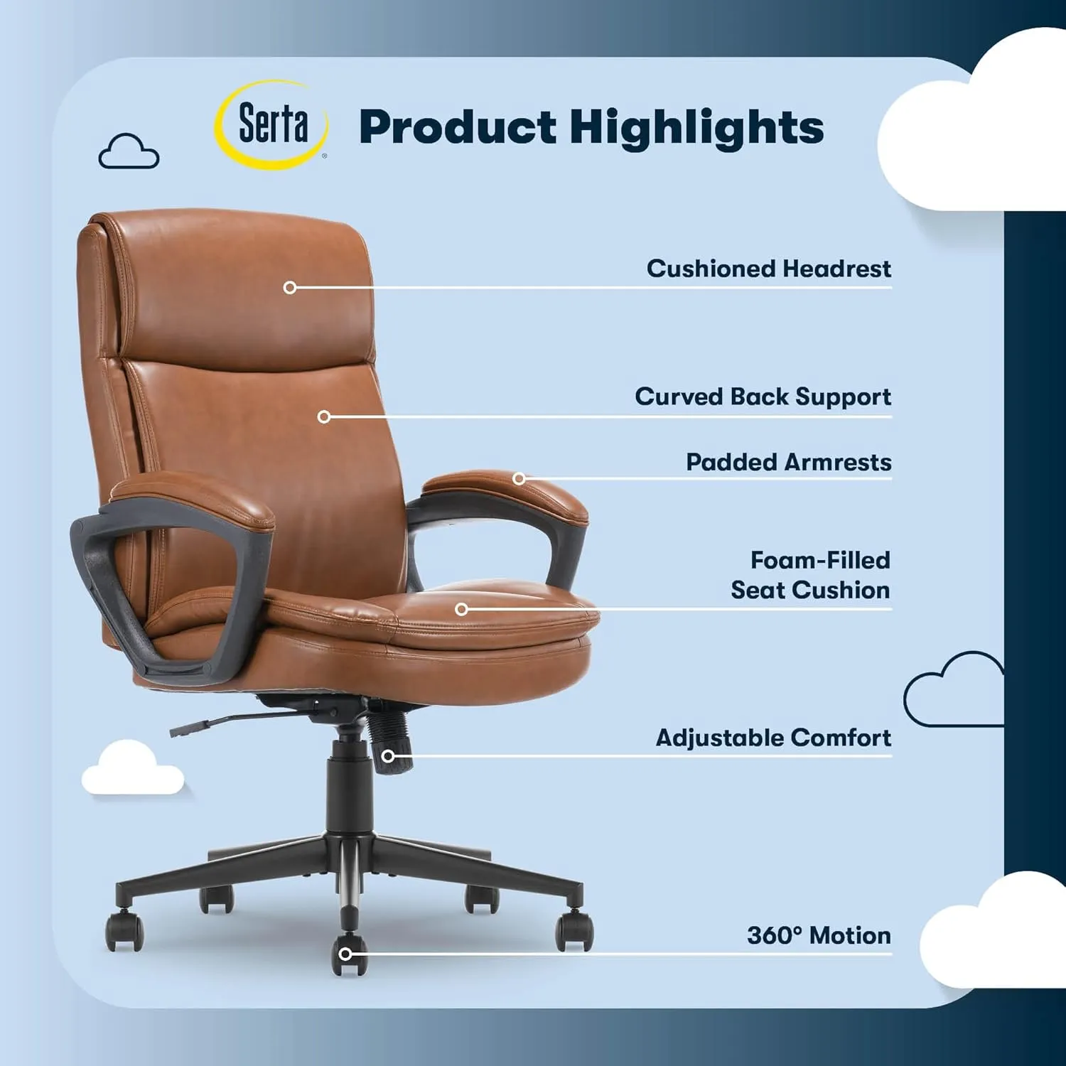 Serta® Comfort Ergo Executive Office Chair, Ergonomic Mid-Back with Extra Lumber Support, Padded Armrests, Adjustable Height and Tilt-Lock Side Lever, Swivel Base, Cognac Bonded Leather
