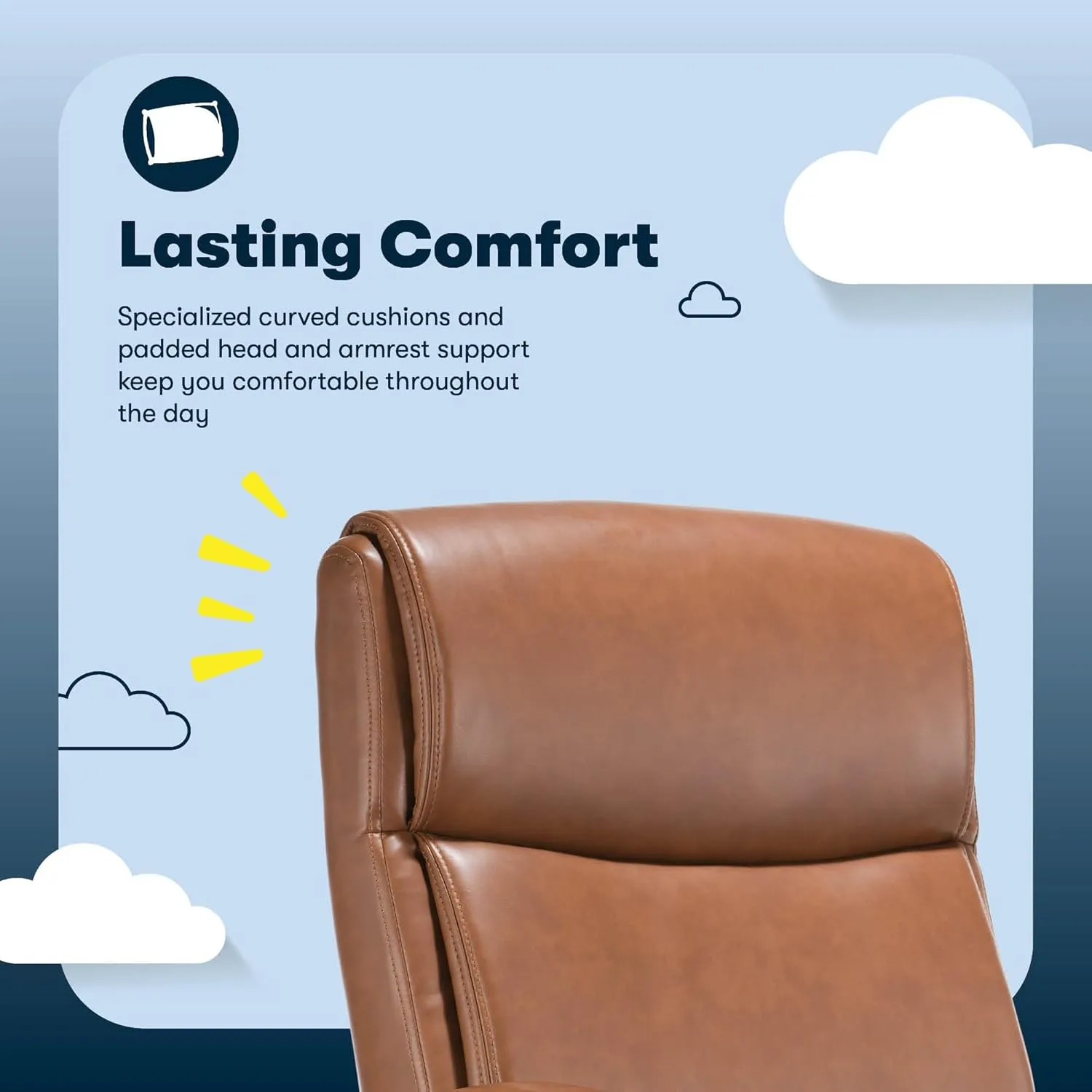 Serta® Comfort Ergo Executive Office Chair, Ergonomic Mid-Back with Extra Lumber Support, Padded Armrests, Adjustable Height and Tilt-Lock Side Lever, Swivel Base, Cognac Bonded Leather