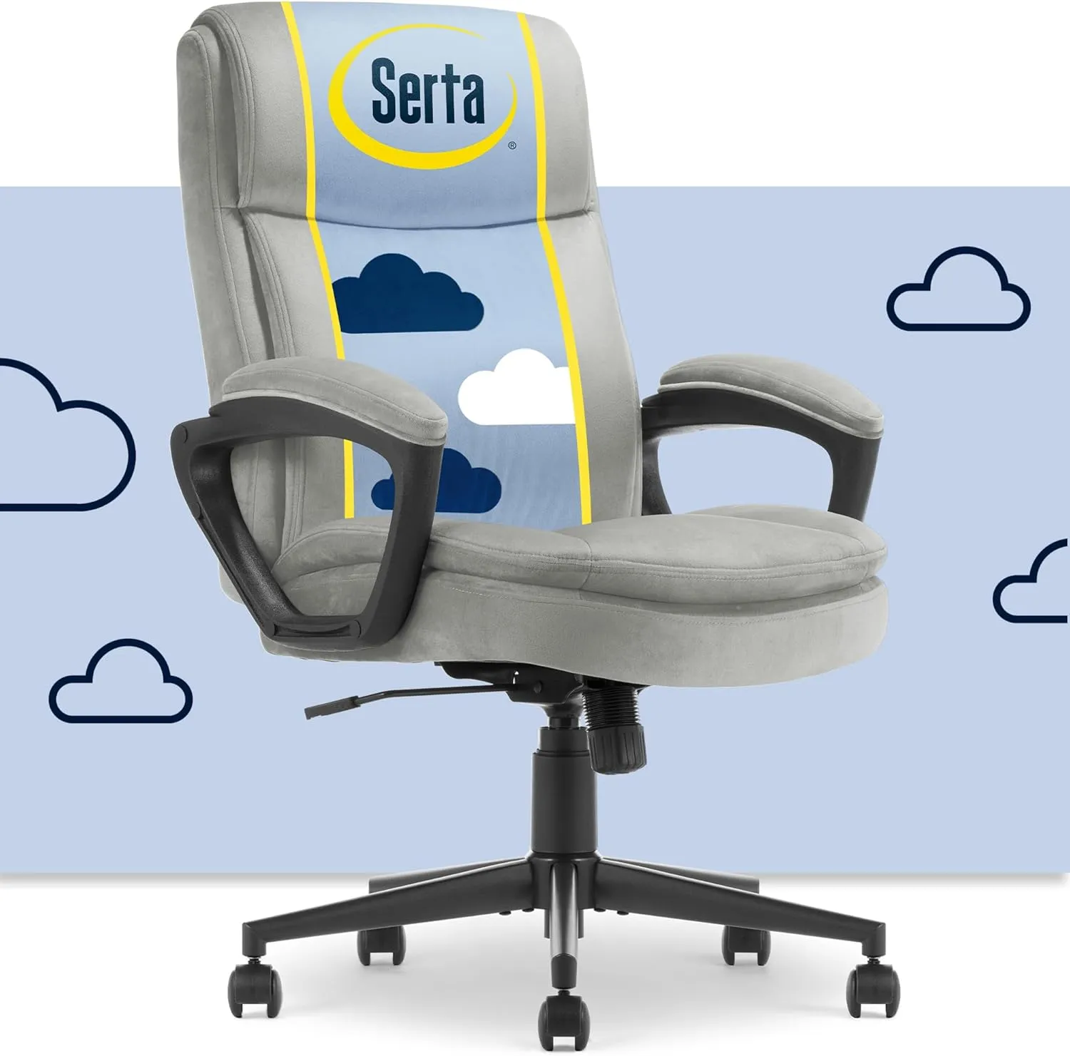 Serta® Comfort Ergo Executive Office Chair, Ergonomic Mid-Back with Extra Lumber Support, Padded Armrests, Adjustable Height and Tilt-Lock Side Lever, Swivel Base, Gray Velvet Fabric