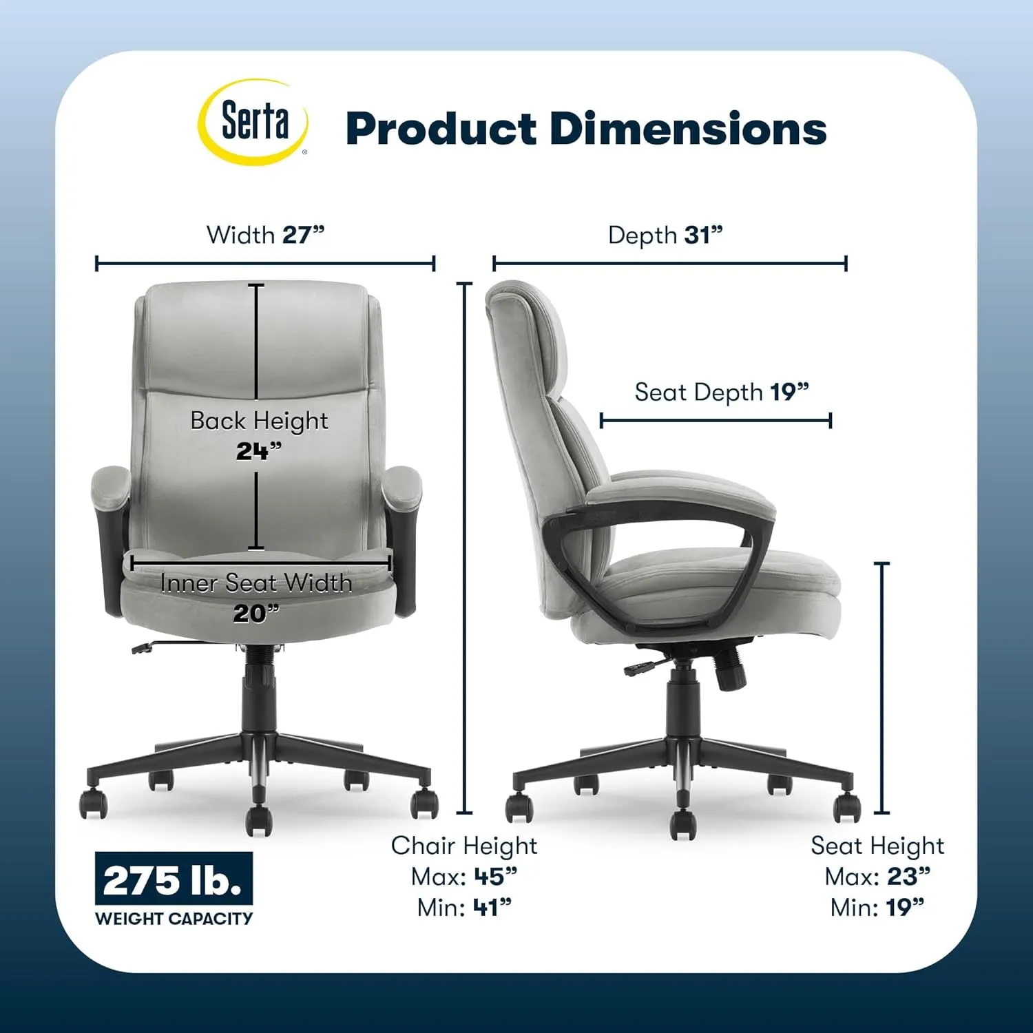 Serta® Comfort Ergo Executive Office Chair, Ergonomic Mid-Back with Extra Lumber Support, Padded Armrests, Adjustable Height and Tilt-Lock Side Lever, Swivel Base, Gray Velvet Fabric