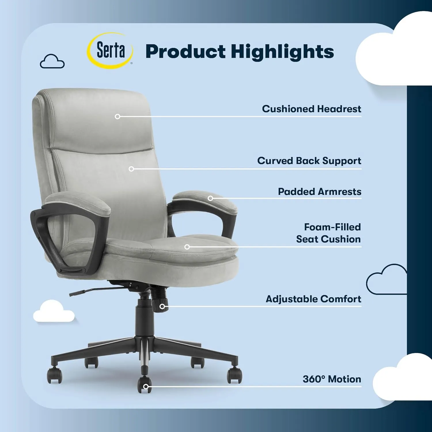 Serta® Comfort Ergo Executive Office Chair, Ergonomic Mid-Back with Extra Lumber Support, Padded Armrests, Adjustable Height and Tilt-Lock Side Lever, Swivel Base, Gray Velvet Fabric