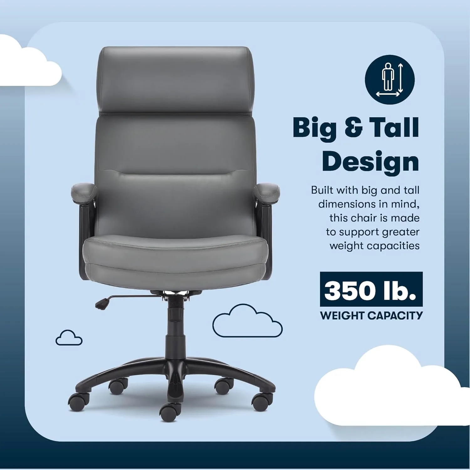 Serta Comfort Executive Big & Tall Office Chair, Ergonomic High-Back Computer DeskChair, Semi Plush Cushion Seat, Soft Padded Armrests, SertaQuality Foam, Metal Swivel Base, Bonded Leather, Black