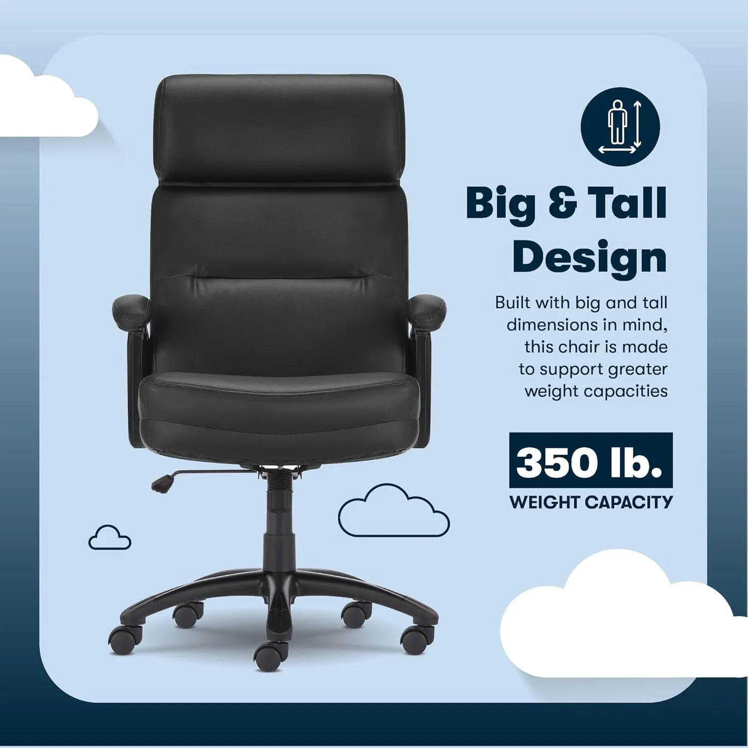 Serta Comfort Executive Big & Tall Office Chair, Ergonomic High-Back Computer DeskChair, Semi Plush Cushion Seat, Soft Padded Armrests, SertaQuality Foam, Metal Swivel Base, Bonded Leather, Black