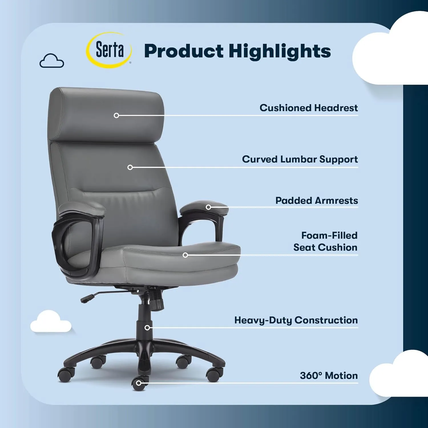 Serta Comfort Executive Big & Tall Office Chair, Ergonomic High-Back Computer DeskChair, Semi Plush Cushion Seat, Soft Padded Armrests, SertaQuality Foam, Metal Swivel Base, Bonded Leather, Black