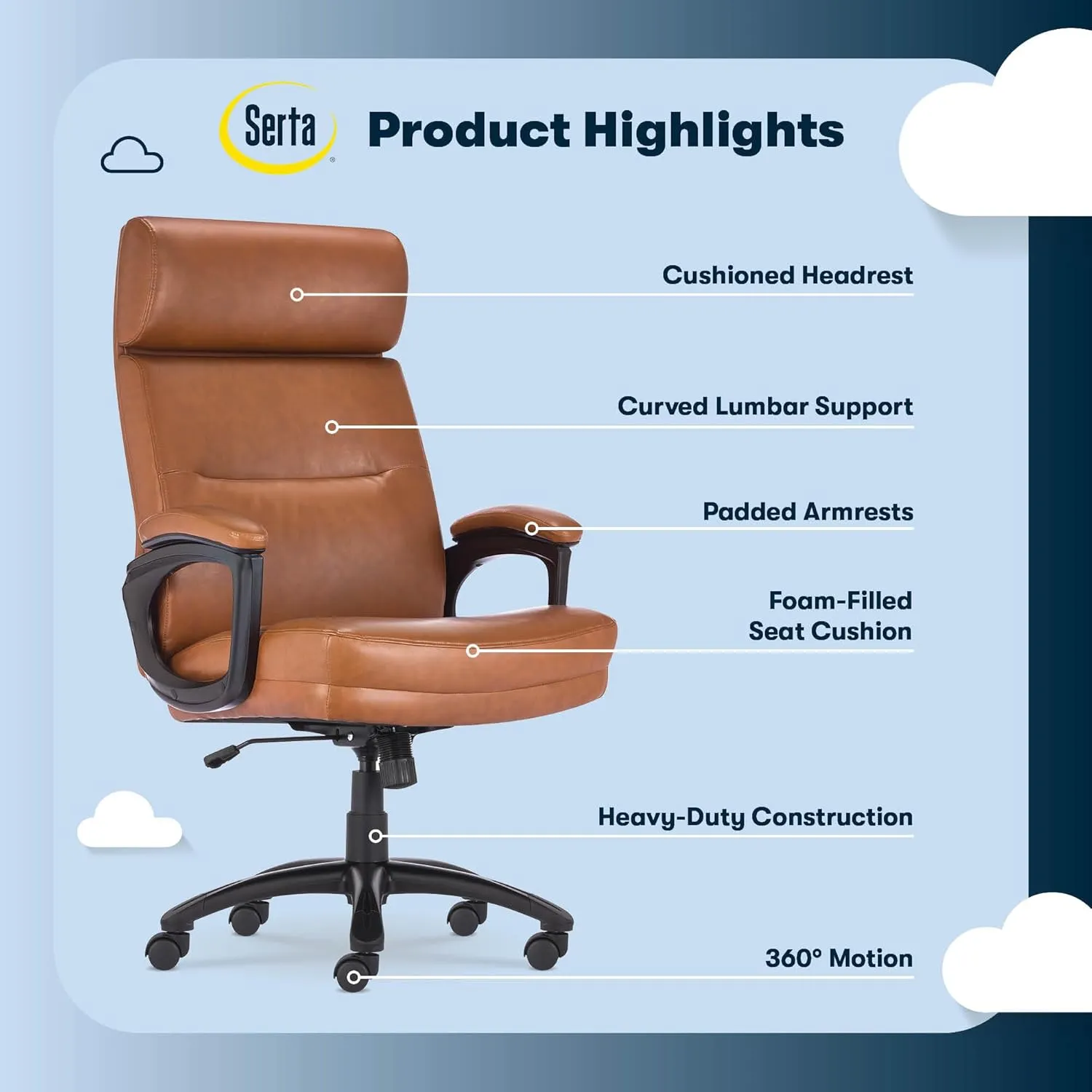 Serta Comfort Executive Big & Tall Office Chair, Ergonomic High-Back Computer DeskChair, Semi Plush Cushion Seat, Soft Padded Armrests, SertaQuality Foam, Metal Swivel Base, Bonded Leather, Black