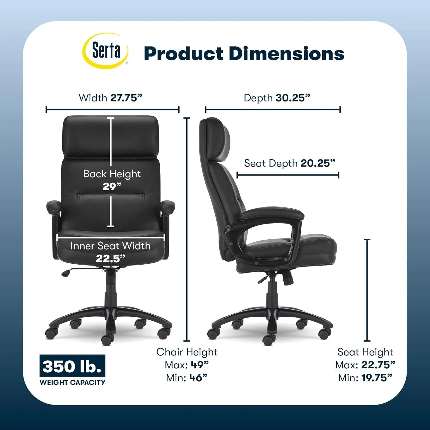Serta Comfort Executive Big & Tall Office Chair, Ergonomic High-Back Computer DeskChair, Semi Plush Cushion Seat, Soft Padded Armrests, SertaQuality Foam, Metal Swivel Base, Bonded Leather, Black