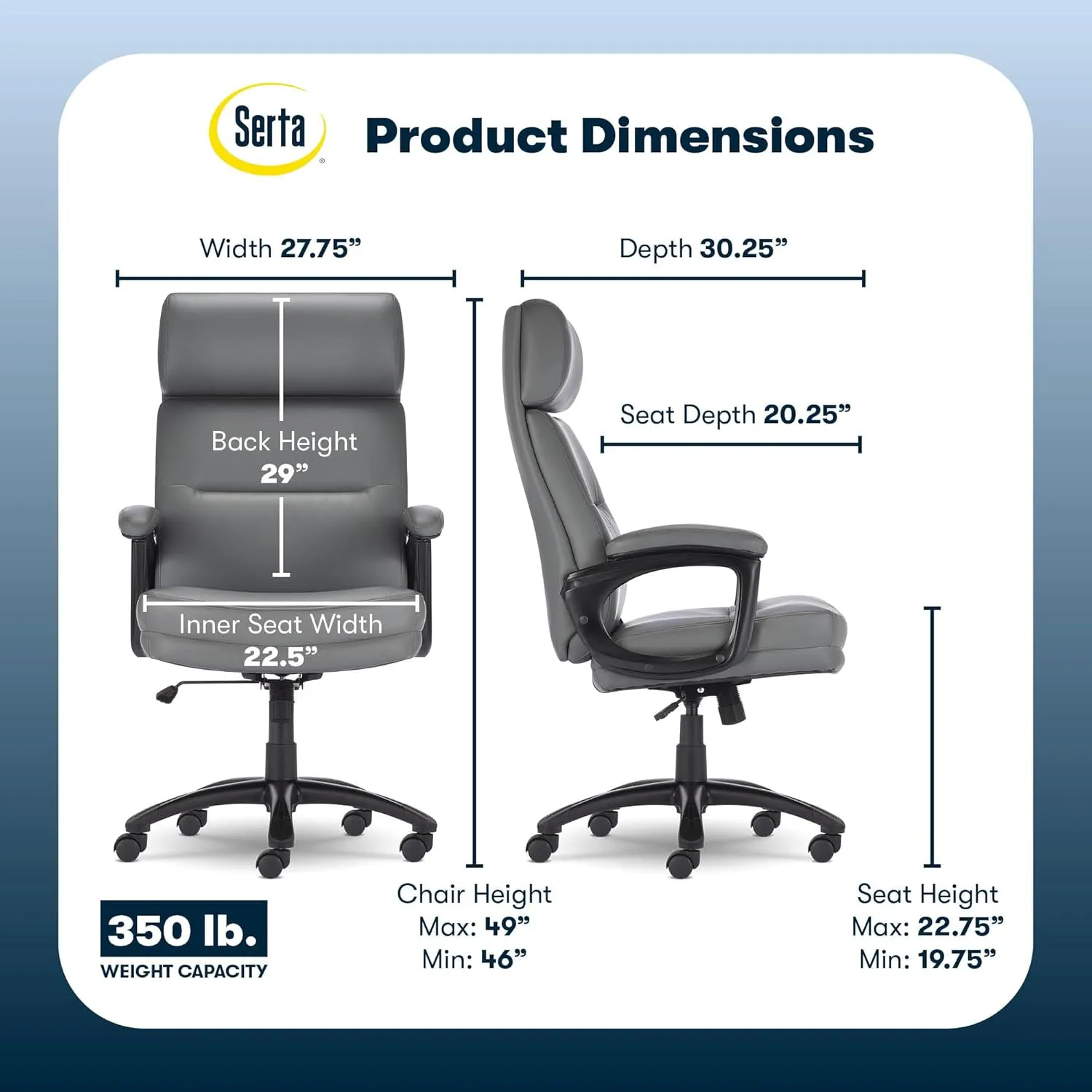Serta Comfort Executive Big & Tall Office Chair, Ergonomic High-Back Computer DeskChair, Semi Plush Cushion Seat, Soft Padded Armrests, SertaQuality Foam, Metal Swivel Base, Bonded Leather, Black