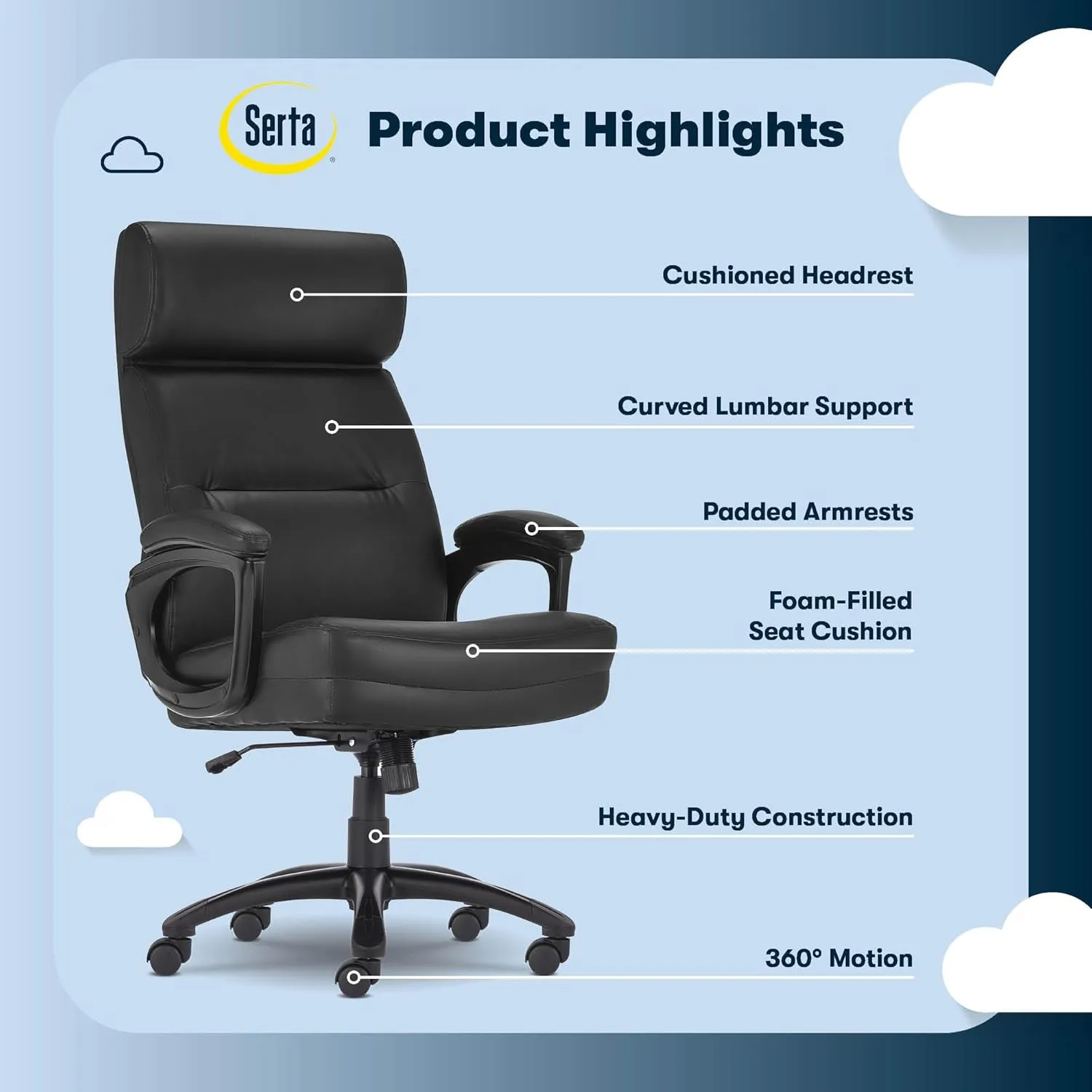 Serta Comfort Executive Big & Tall Office Chair, Ergonomic High-Back Computer DeskChair, Semi Plush Cushion Seat, Soft Padded Armrests, SertaQuality Foam, Metal Swivel Base, Bonded Leather, Black