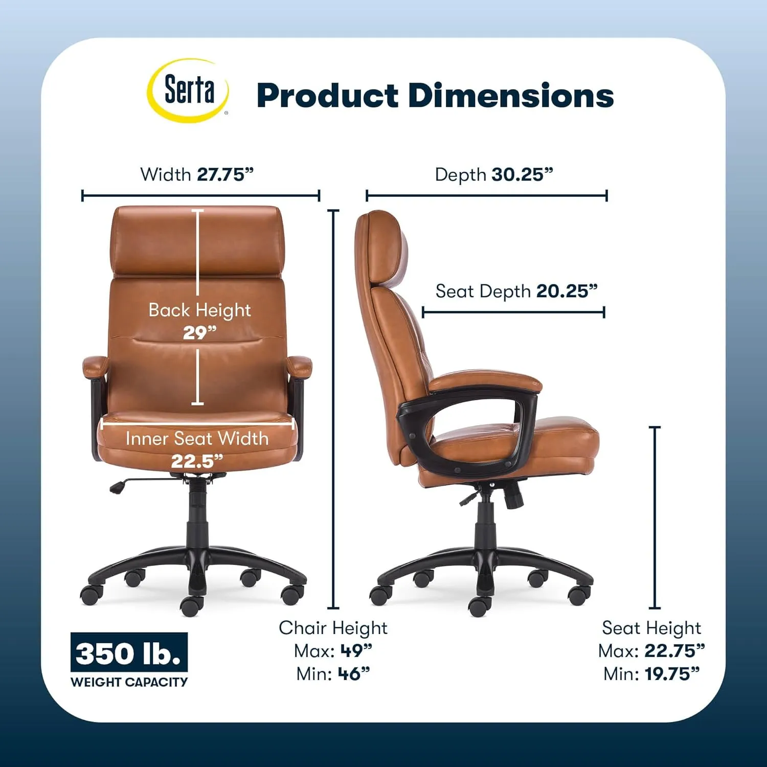 Serta Comfort Executive Big & Tall Office Chair, Ergonomic High-Back Computer DeskChair, Semi Plush Cushion Seat, Soft Padded Armrests, SertaQuality Foam, Metal Swivel Base, Bonded Leather, Black