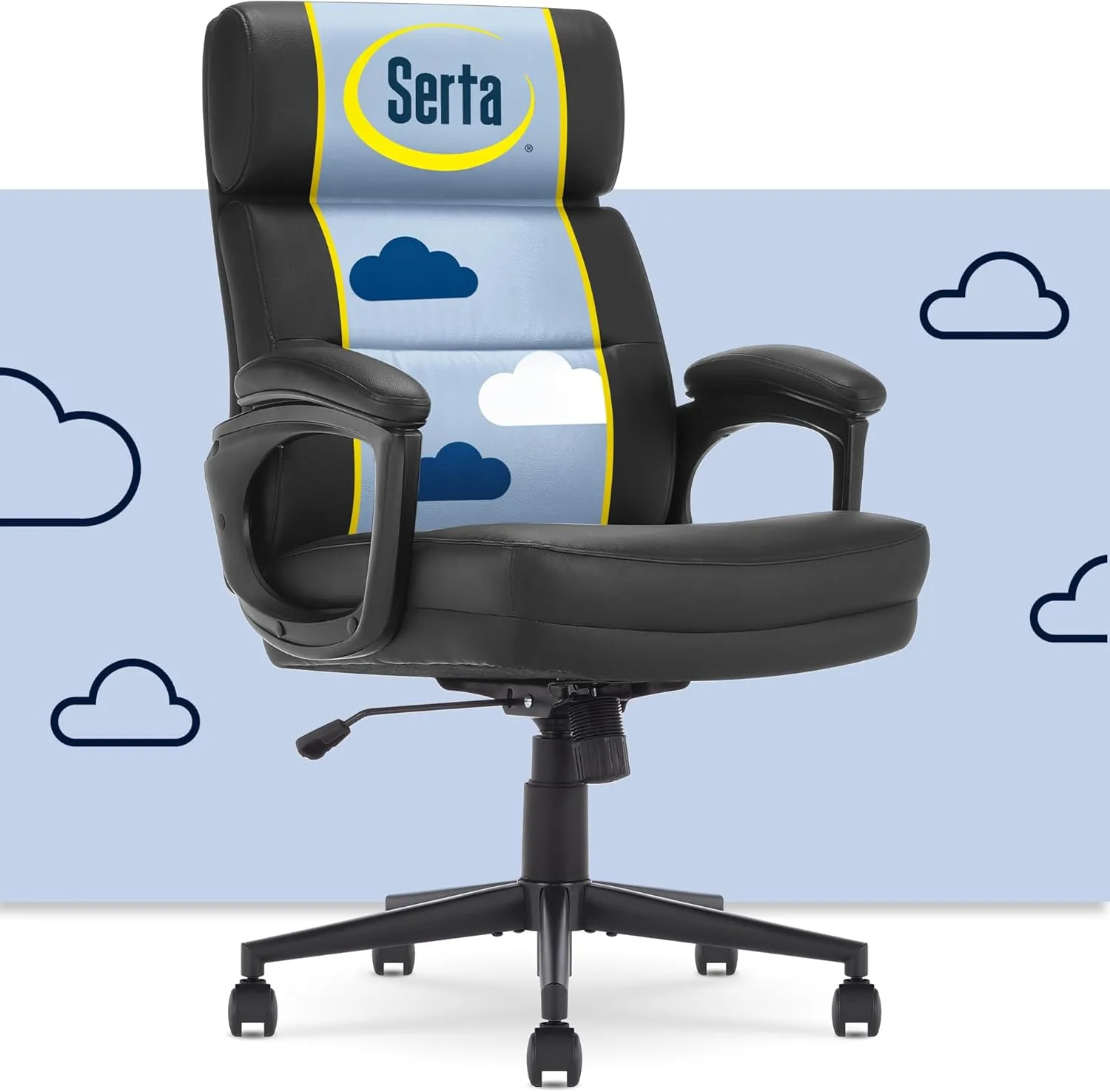 Serta Comfort Executive Mid-Back OfficeChair, Semi Plush Cushion Seat, Padded Armrests, SertaQuality Foam, Metal Swivel Base, Ergonomic Computer DeskChair for Home or Office, Bonded Leather, Black