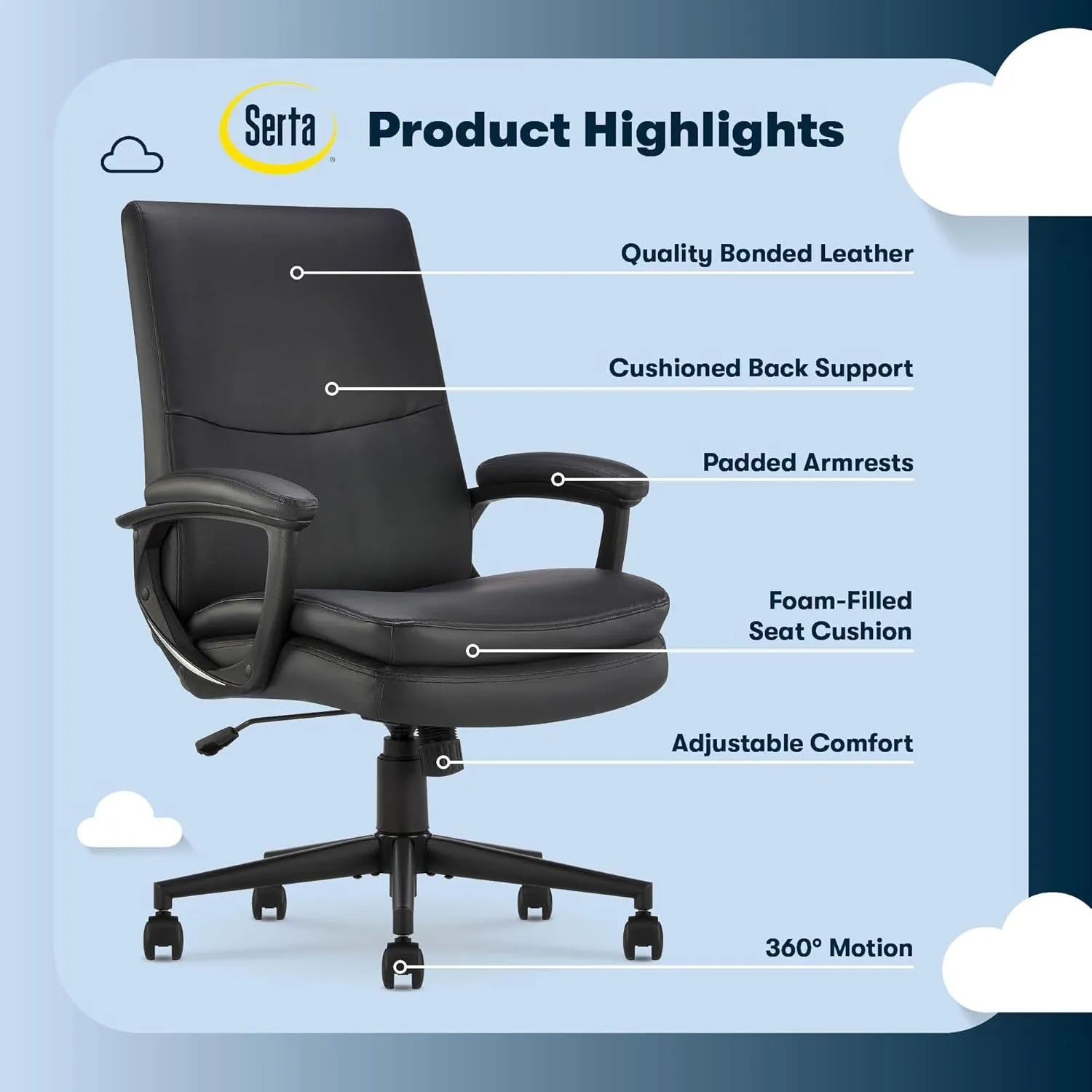 Serta Comfort Modern Executive Office Chair, Ergonomic Mid-Back Computer DeskChair, Semi Plush Cushion Seat, Double-Layer SertaQuality Foam, Padded Armrests, Metal Swivel Base, Bonded Leather, Black