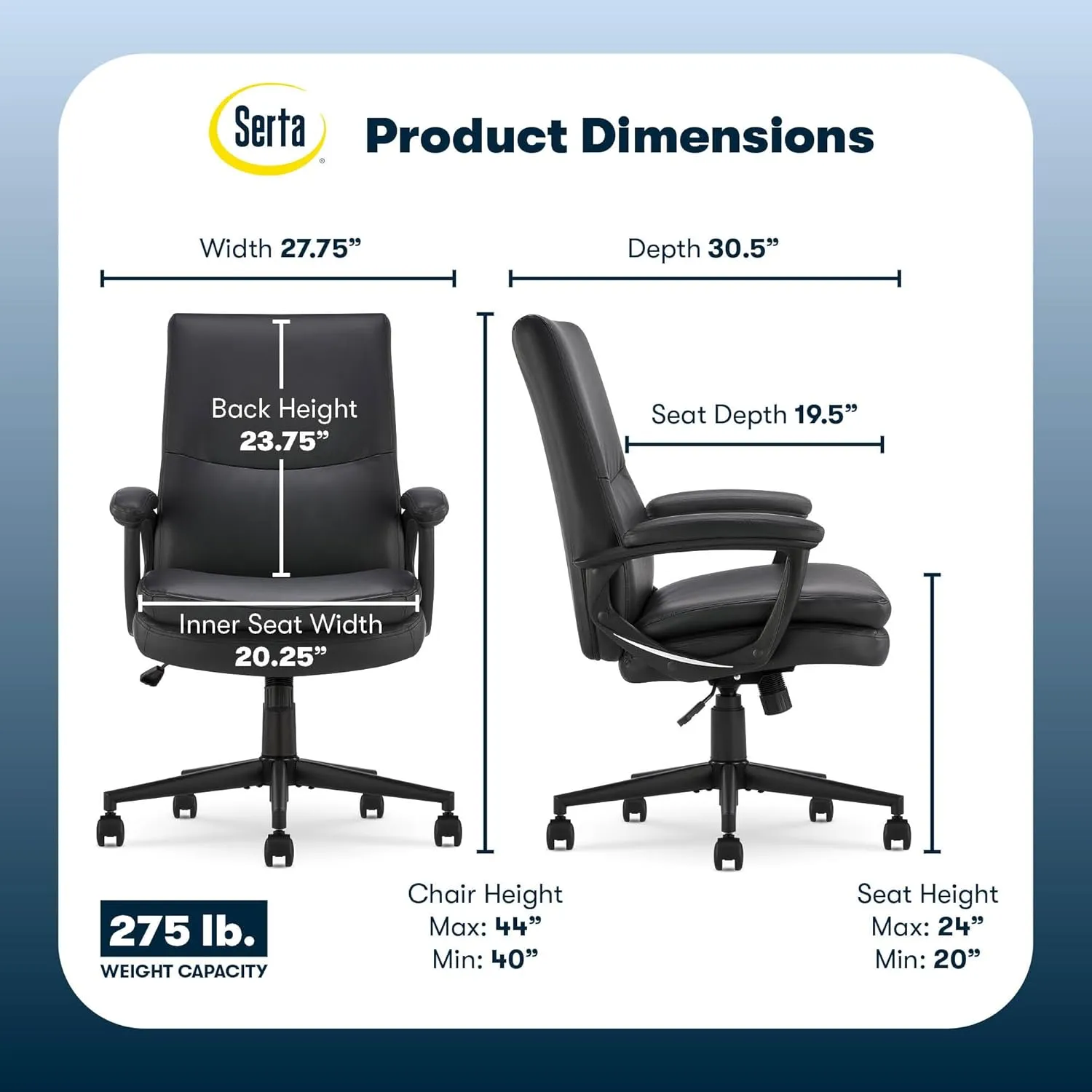 Serta Comfort Modern Executive Office Chair, Ergonomic Mid-Back Computer DeskChair, Semi Plush Cushion Seat, Double-Layer SertaQuality Foam, Padded Armrests, Metal Swivel Base, Bonded Leather, Black