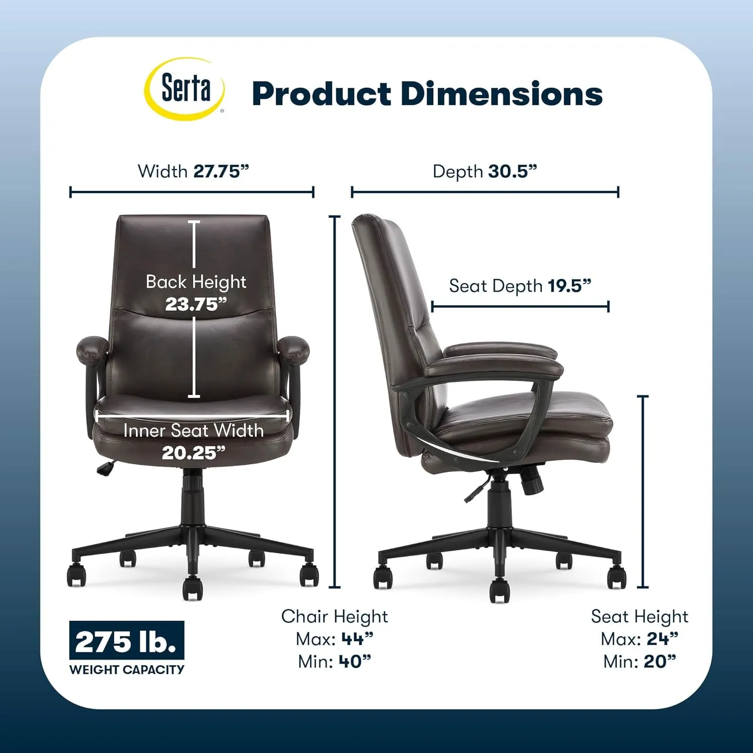 Serta Comfort Modern Executive Office Chair, Ergonomic Mid-Back Computer DeskChair, Semi Plush Cushion Seat, Double-Layer SertaQuality Foam, Padded Armrests, Metal Swivel Base, Bonded Leather, Brown