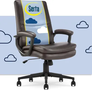 Serta Comfort Modern Executive Office Chair, Ergonomic Mid-Back Computer DeskChair, Semi Plush Cushion Seat, Double-Layer SertaQuality Foam, Padded Armrests, Metal Swivel Base, Bonded Leather, Brown