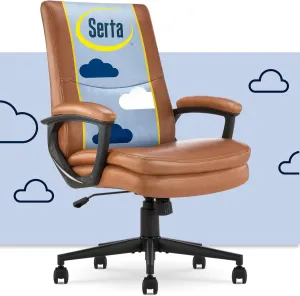 Serta Comfort Modern Executive Office Chair, Ergonomic Mid-Back Computer DeskChair, Semi Plush Cushion Seat, Double-Layer SertaQuality Foam, Padded Armrests, Metal Swivel Base, Bonded Leather, Cognac