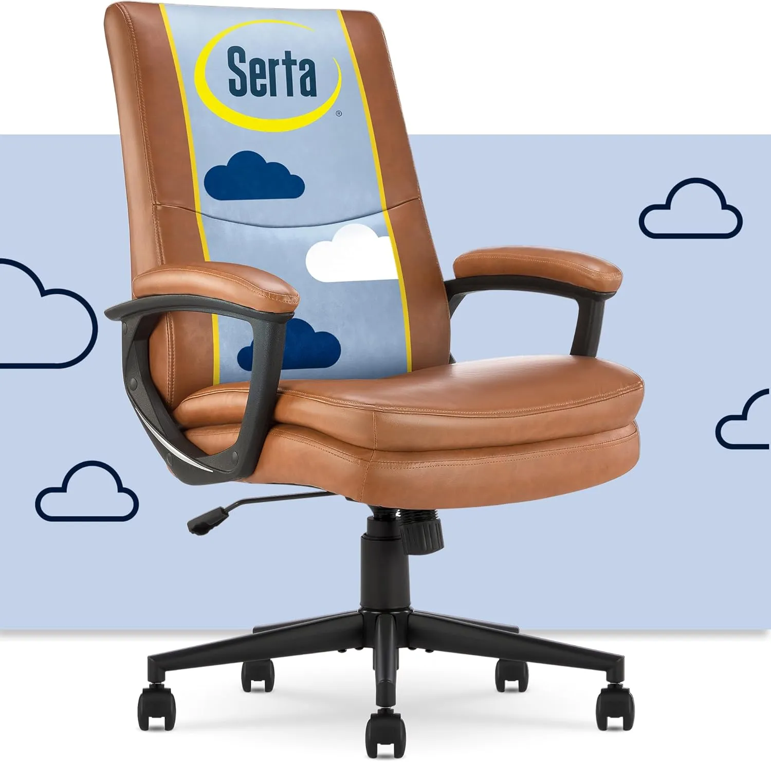 Serta Comfort Modern Executive Office Chair, Ergonomic Mid-Back Computer DeskChair, Semi Plush Cushion Seat, Double-Layer SertaQuality Foam, Padded Armrests, Metal Swivel Base, Bonded Leather, Cognac