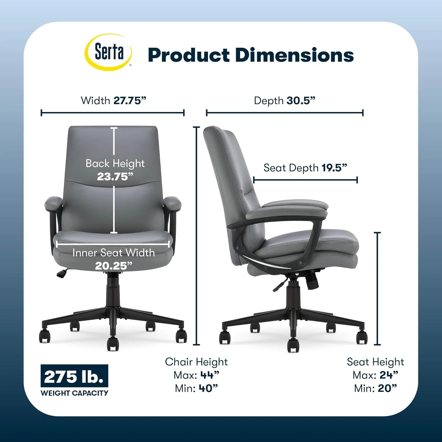 Serta Comfort Modern Executive Office Chair, Ergonomic Mid-Back Computer DeskChair, Semi Plush Cushion Seat, Double-Layer SertaQuality Foam, Padded Armrests, Metal Swivel Base, Bonded Leather, Gray