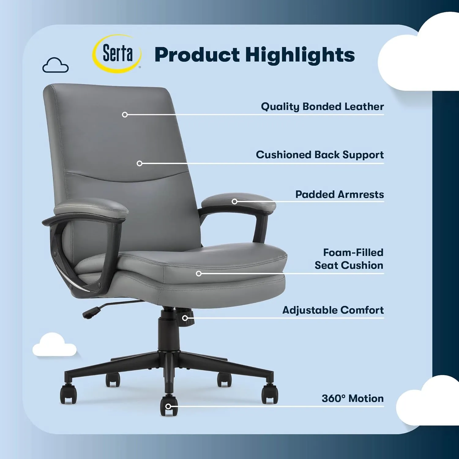 Serta Comfort Modern Executive Office Chair, Ergonomic Mid-Back Computer DeskChair, Semi Plush Cushion Seat, Double-Layer SertaQuality Foam, Padded Armrests, Metal Swivel Base, Bonded Leather, Gray