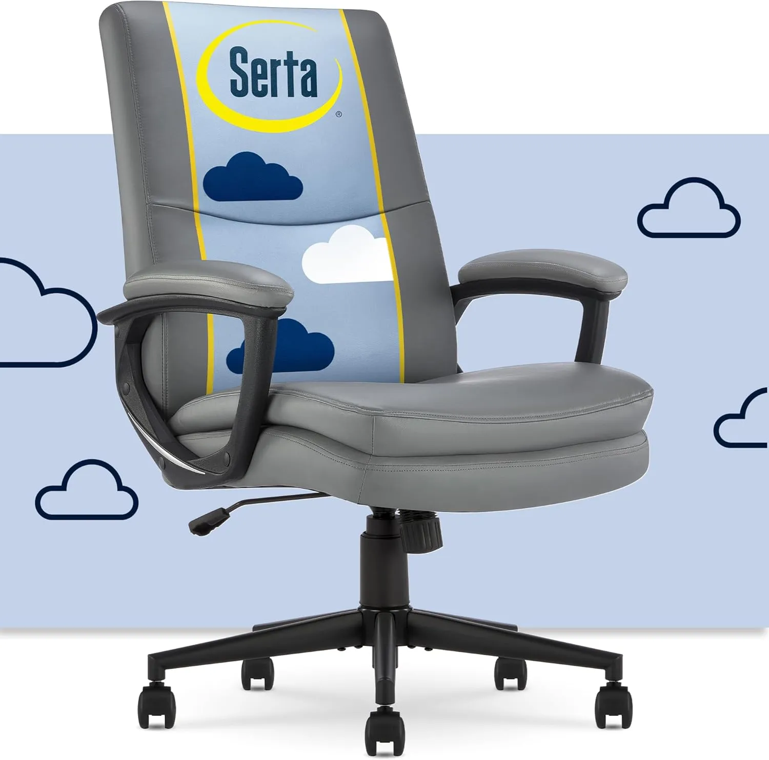 Serta Comfort Modern Executive Office Chair, Ergonomic Mid-Back Computer DeskChair, Semi Plush Cushion Seat, Double-Layer SertaQuality Foam, Padded Armrests, Metal Swivel Base, Bonded Leather, Gray