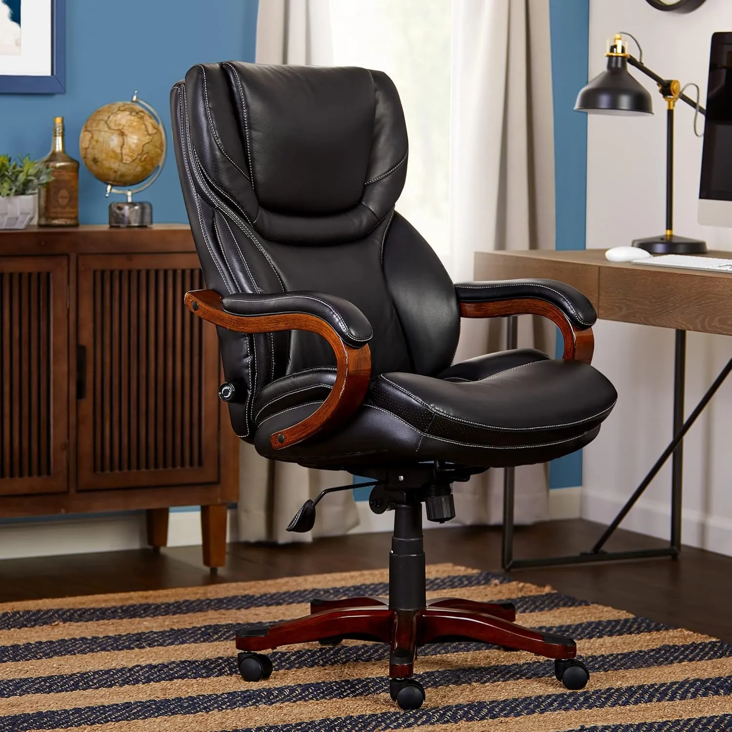 Serta® Conway Big & Tall Executive Office Chair, Ergonomic High-Back with Adjustable Lumbar, Semi Plush Cushion and Body Pillows, Padded Armrests, Wooden Swivel Base, Bonded Leather, Black