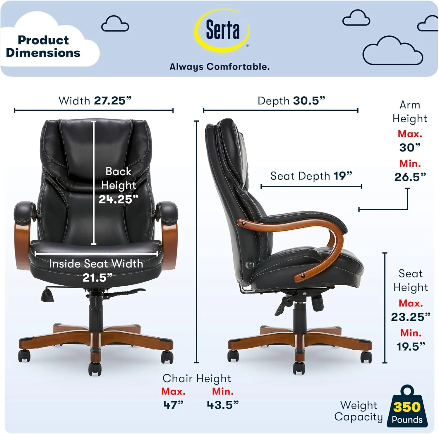 Serta® Conway Big & Tall Executive Office Chair, Ergonomic High-Back with Adjustable Lumbar, Semi Plush Cushion and Body Pillows, Padded Armrests, Wooden Swivel Base, Bonded Leather, Black