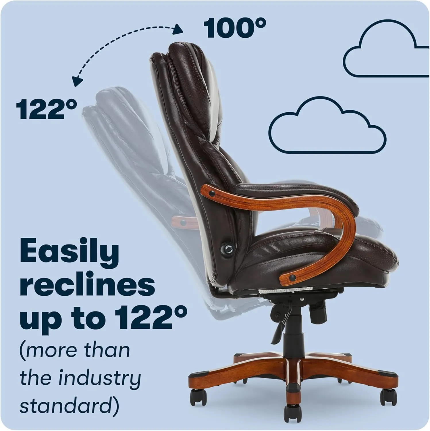 Serta® Conway Big & Tall Executive Office Chair, Ergonomic High-Back with Adjustable Lumbar, Semi Plush Cushion and Body Pillows, Padded Armrests, Wooden Swivel Base, Bonded Leather, Brown