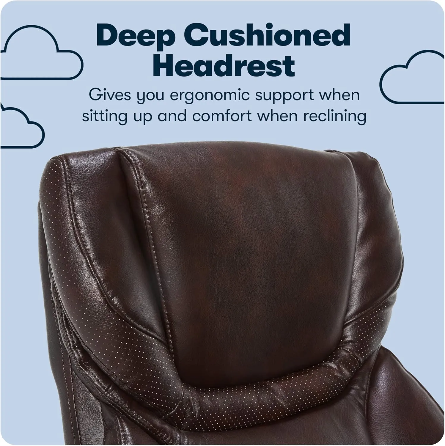 Serta® Conway Big & Tall Executive Office Chair, Ergonomic High-Back with Adjustable Lumbar, Semi Plush Cushion and Body Pillows, Padded Armrests, Wooden Swivel Base, Bonded Leather, Brown
