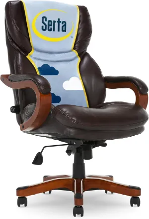 Serta® Conway Big & Tall Executive Office Chair, Ergonomic High-Back with Adjustable Lumbar, Semi Plush Cushion and Body Pillows, Padded Armrests, Wooden Swivel Base, Bonded Leather, Brown