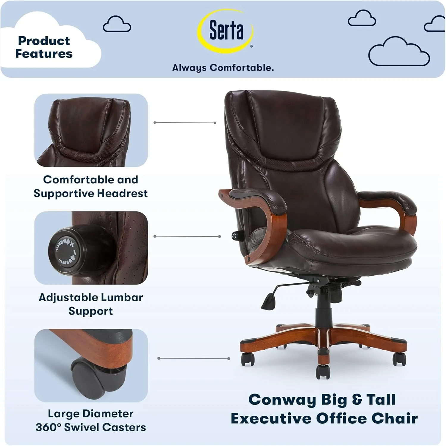 Serta® Conway Big & Tall Executive Office Chair, Ergonomic High-Back with Adjustable Lumbar, Semi Plush Cushion and Body Pillows, Padded Armrests, Wooden Swivel Base, Bonded Leather, Brown