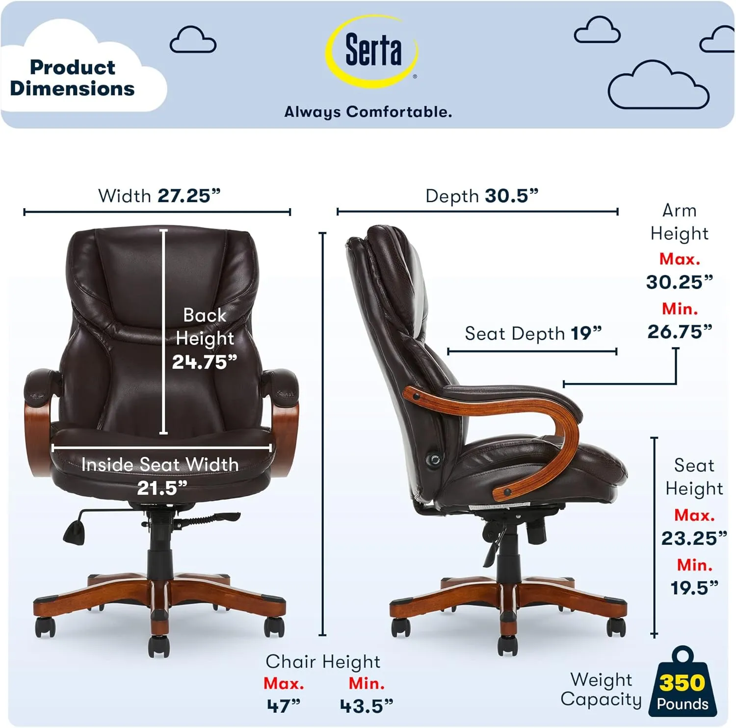 Serta® Conway Big & Tall Executive Office Chair, Ergonomic High-Back with Adjustable Lumbar, Semi Plush Cushion and Body Pillows, Padded Armrests, Wooden Swivel Base, Bonded Leather, Brown