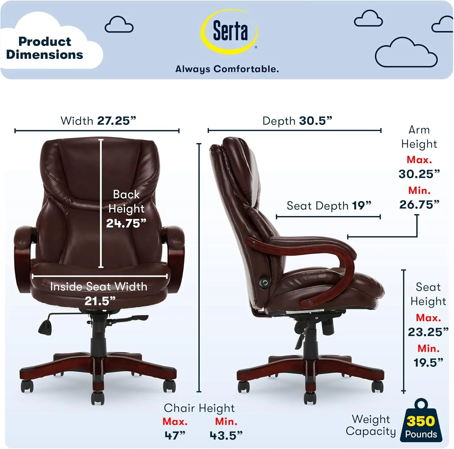 Serta® Conway Big & Tall Executive Office Chair, Ergonomic High-Back with Adjustable Lumbar, Semi Plush Cushion and Body Pillows, Padded Armrests, Wooden Swivel Base, Bonded Leather, Chestnut Brown