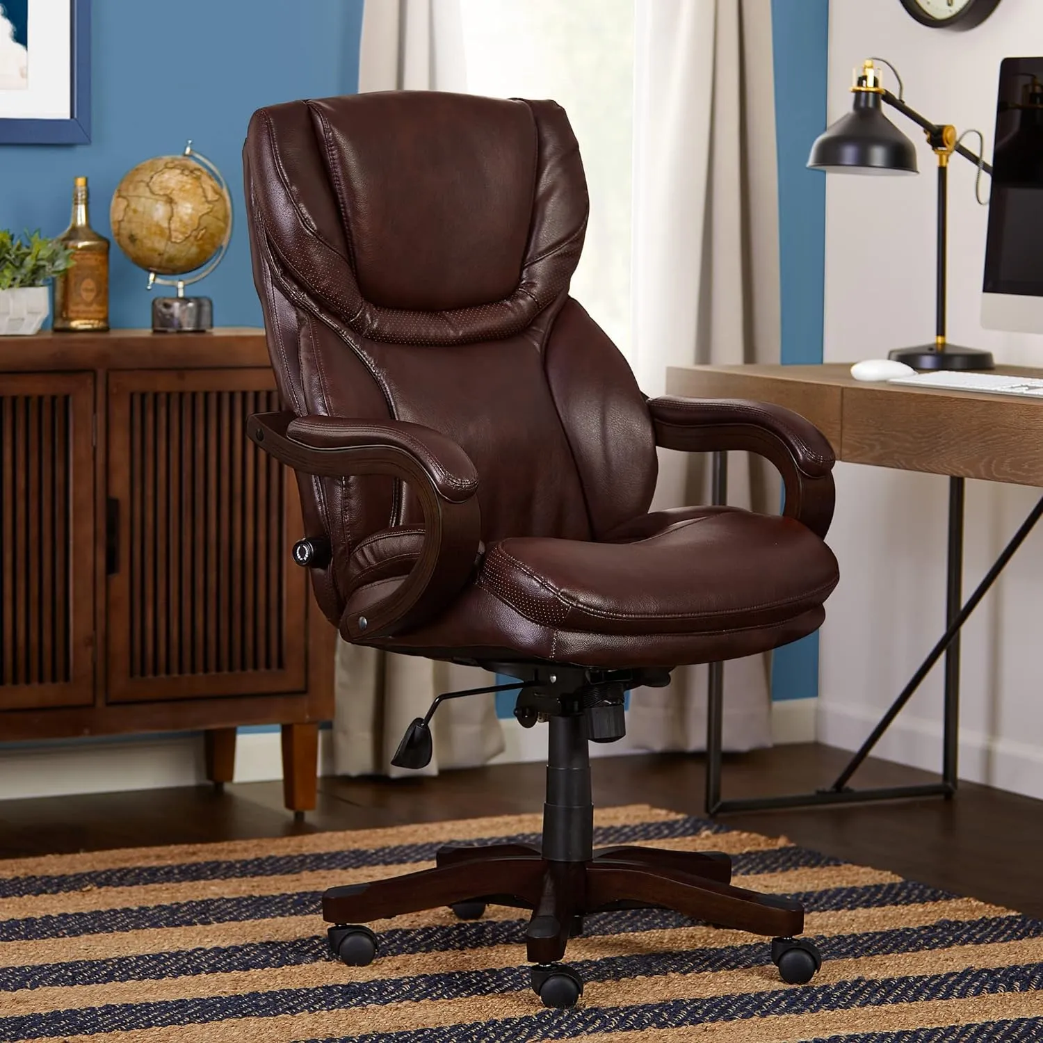 Serta® Conway Big & Tall Executive Office Chair, Ergonomic High-Back with Adjustable Lumbar, Semi Plush Cushion and Body Pillows, Padded Armrests, Wooden Swivel Base, Bonded Leather, Chestnut Brown