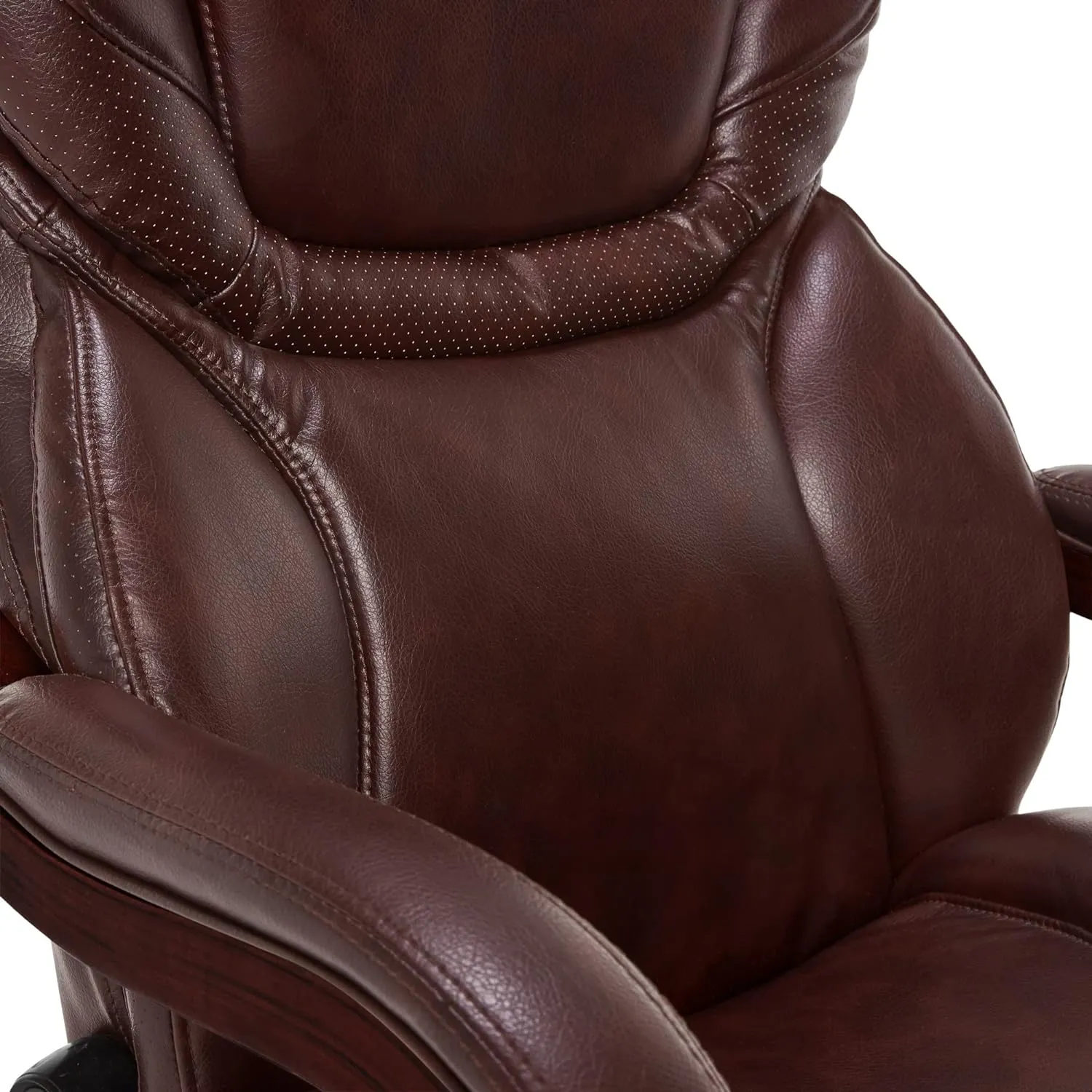 Serta® Conway Big & Tall Executive Office Chair, Ergonomic High-Back with Adjustable Lumbar, Semi Plush Cushion and Body Pillows, Padded Armrests, Wooden Swivel Base, Bonded Leather, Chestnut Brown