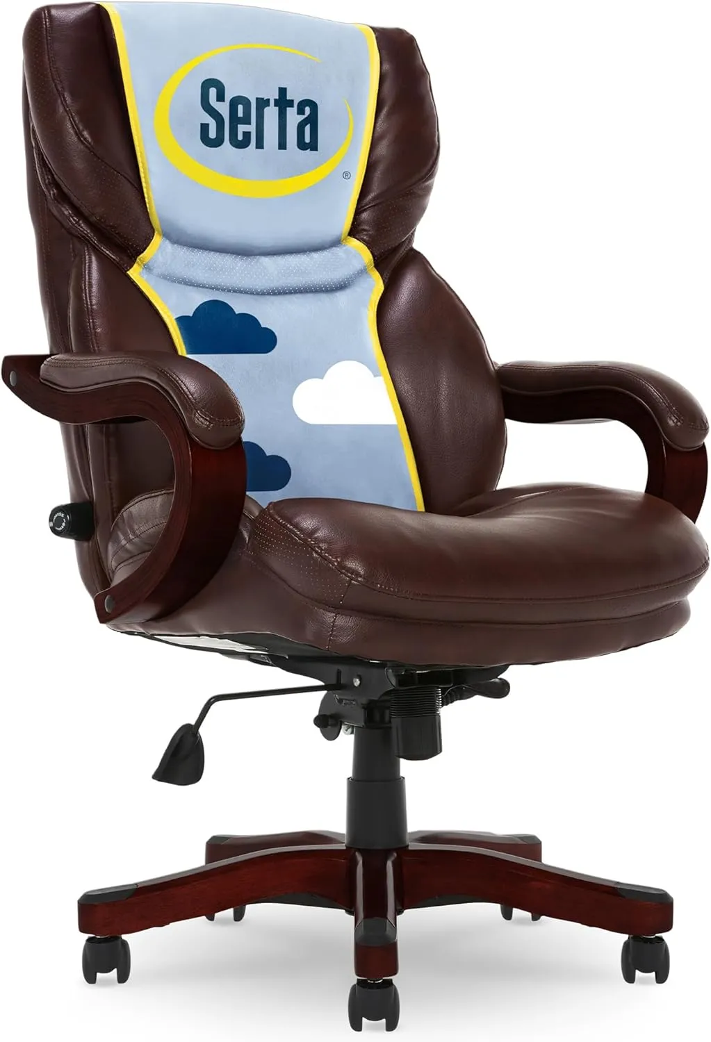 Serta® Conway Big & Tall Executive Office Chair, Ergonomic High-Back with Adjustable Lumbar, Semi Plush Cushion and Body Pillows, Padded Armrests, Wooden Swivel Base, Bonded Leather, Chestnut Brown