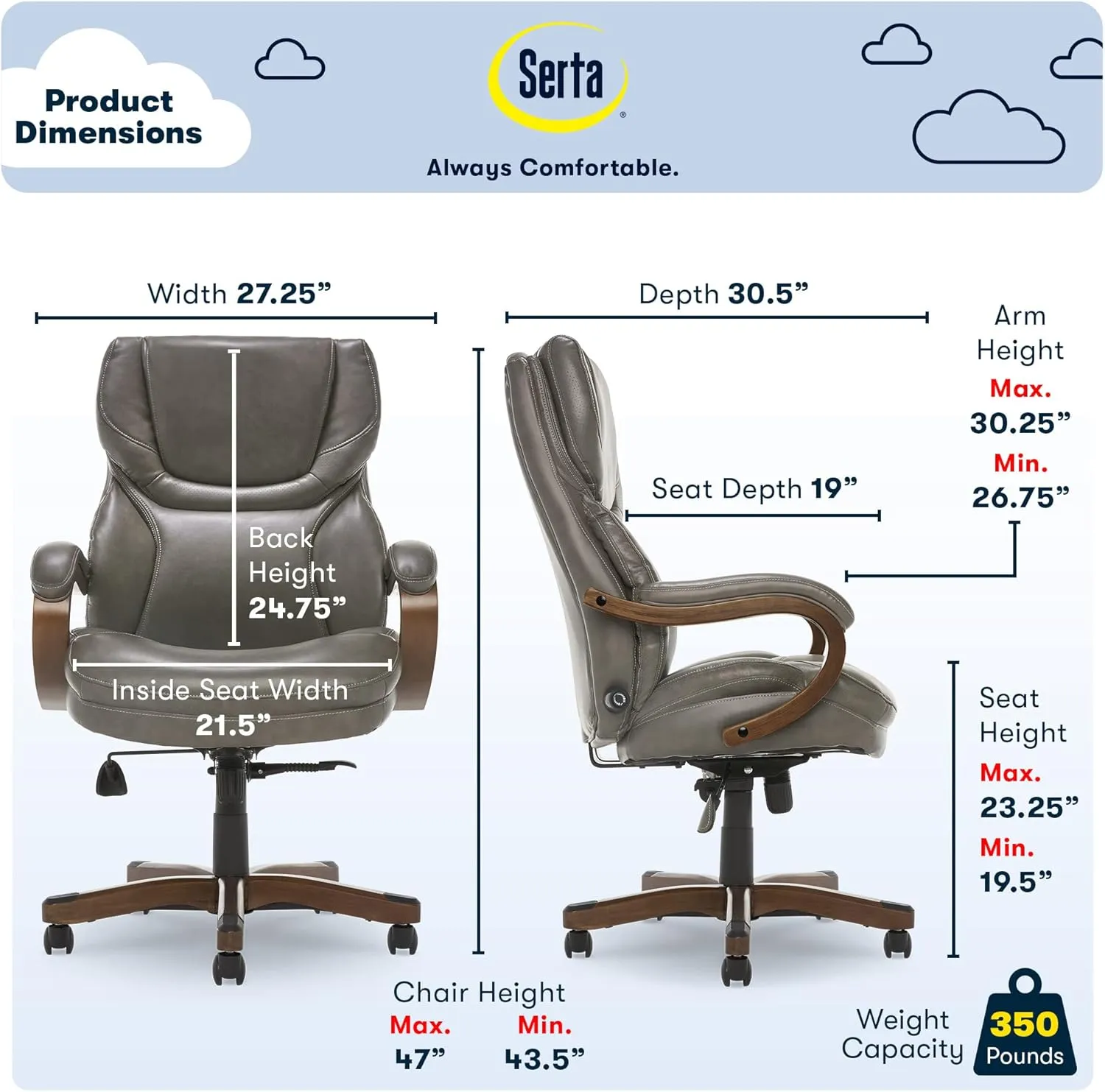 Serta® Conway Big & Tall Executive Office Chair, Ergonomic High-Back with Adjustable Lumbar, Semi Plush Cushion and Body Pillows, Padded Armrests, Wooden Swivel Base, Bonded Leather, Gray